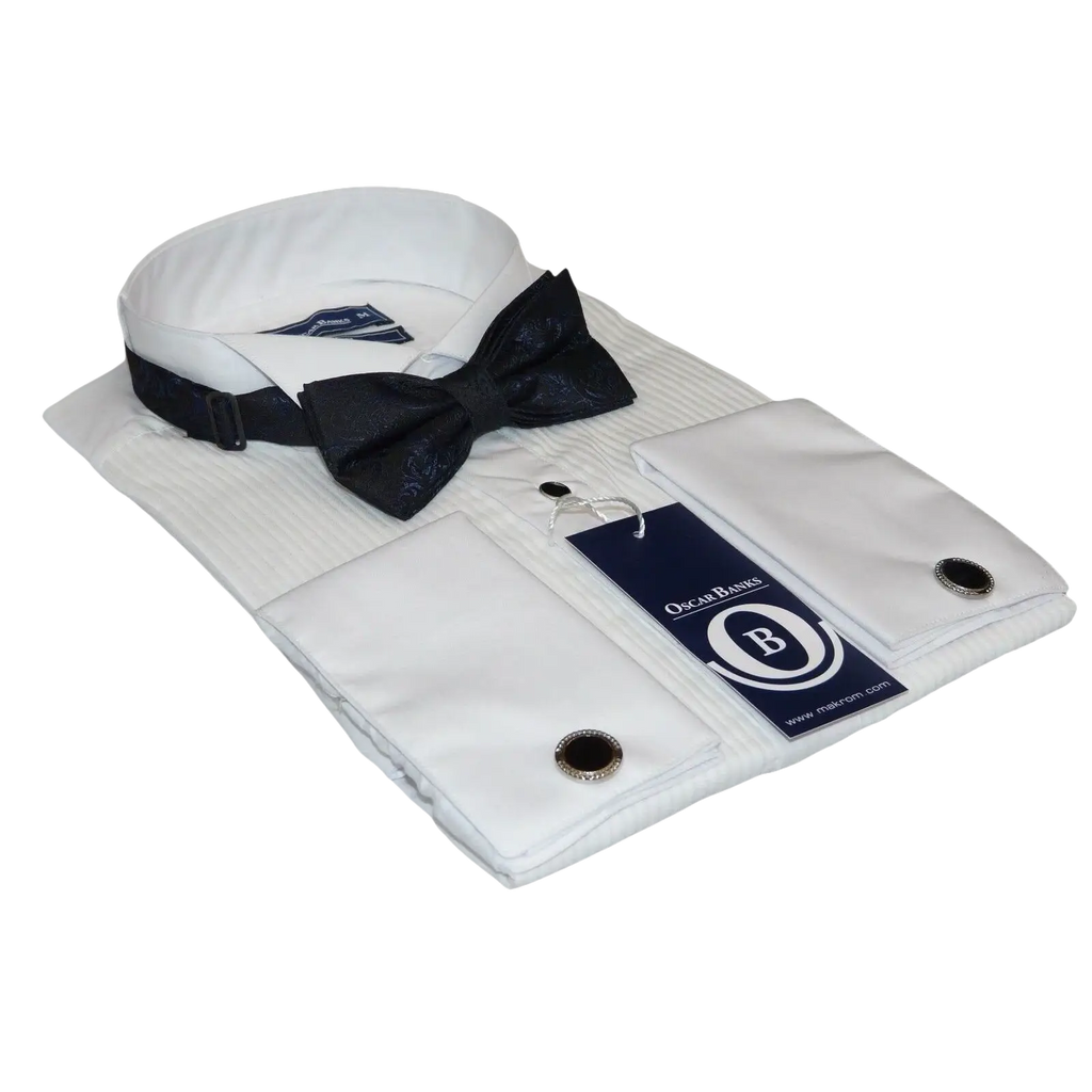 Mens Oscar Banks Turkish Formal Tuxedo Shirt Cotton Wing Tip Bow tie 5504 White - J.Valintin Men's Wear Legend - 67895