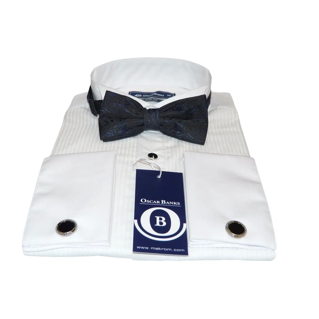 Mens Oscar Banks Turkish Formal Tuxedo Shirt Cotton Wing Tip Bow tie 5504 White - J.Valintin Men's Wear Legend - 67895