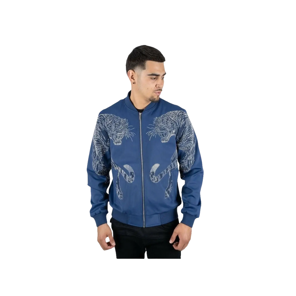 Mens Platini Bamber Jacket with Lion Rhinestone Design Zip up BMJ8133 Blue - J.Valintin Men's Wear Legend - 92083