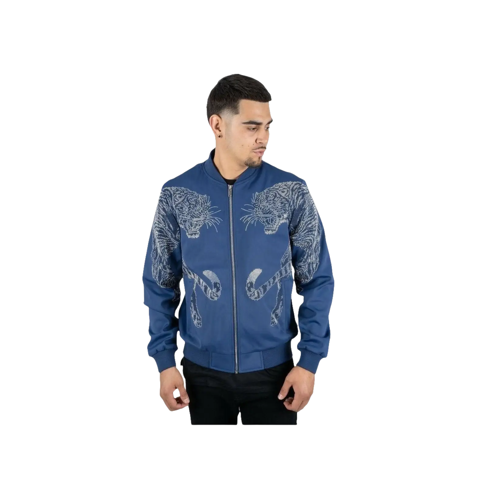 Mens Platini Bamber Jacket with Lion Rhinestone Design Zip up BMJ8133 Blue - J.Valintin Men's Wear Legend - 92083