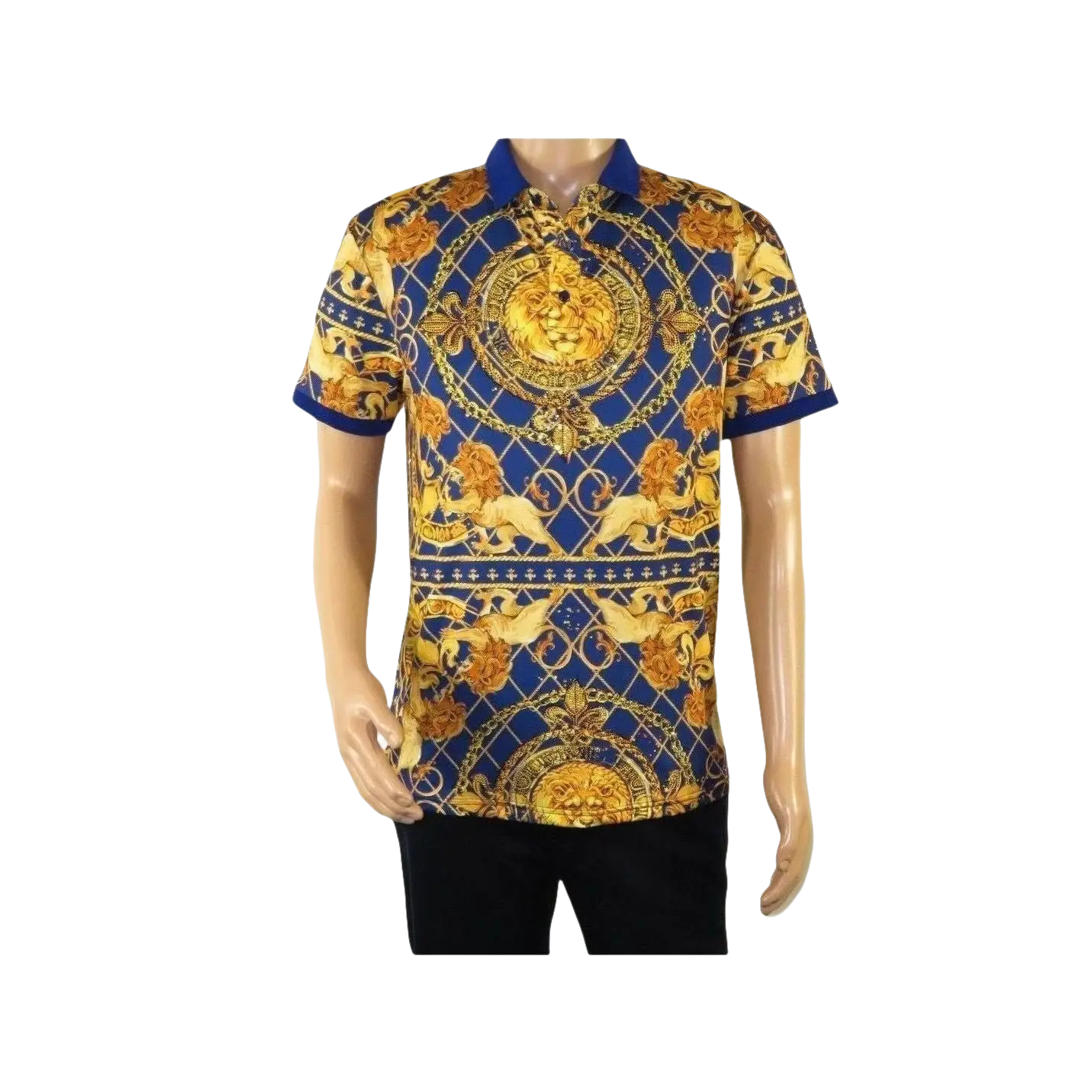 Mens PLATINI Sports Polo Shirt With Rhine Stones Lion Medallion DPP8247 Navy - J.Valintin Men's Wear Legend - 71723