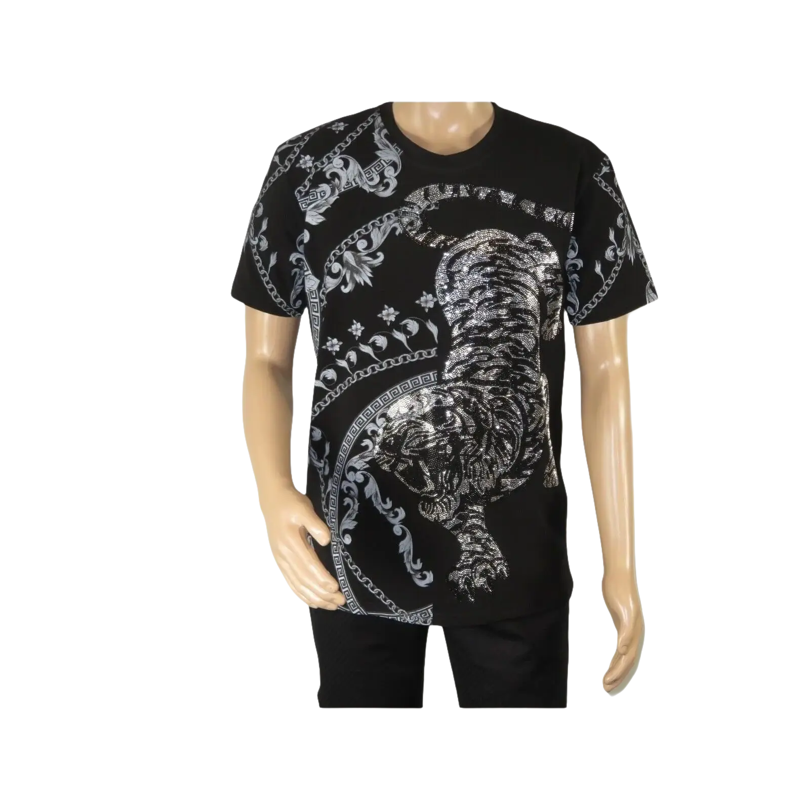 Mens PLATINI Sports Shirt With Rhine Stones Lion Chain STT8022 Black Lion - J.Valintin Men's Wear Legend - 92050
