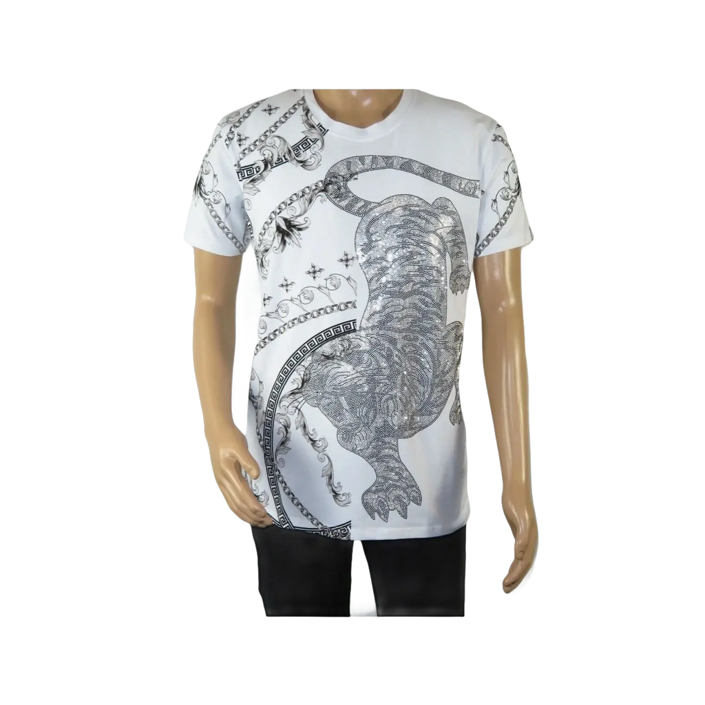 Mens PLATINI Sports Shirt With Rhine Stones Lion Chain STT8023 White - J.Valintin Men's Wear Legend - 92035