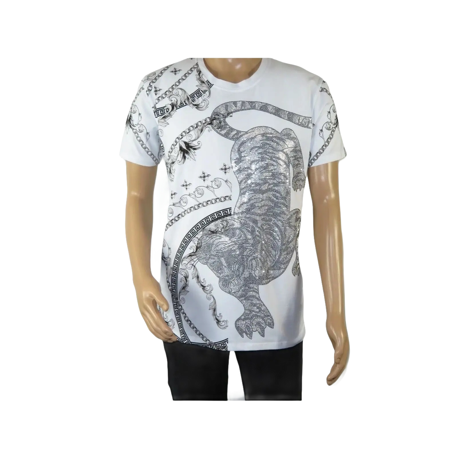 Mens PLATINI Sports Shirt With Rhine Stones Lion Chain STT8023 White - J.Valintin Men's Wear Legend - 92035
