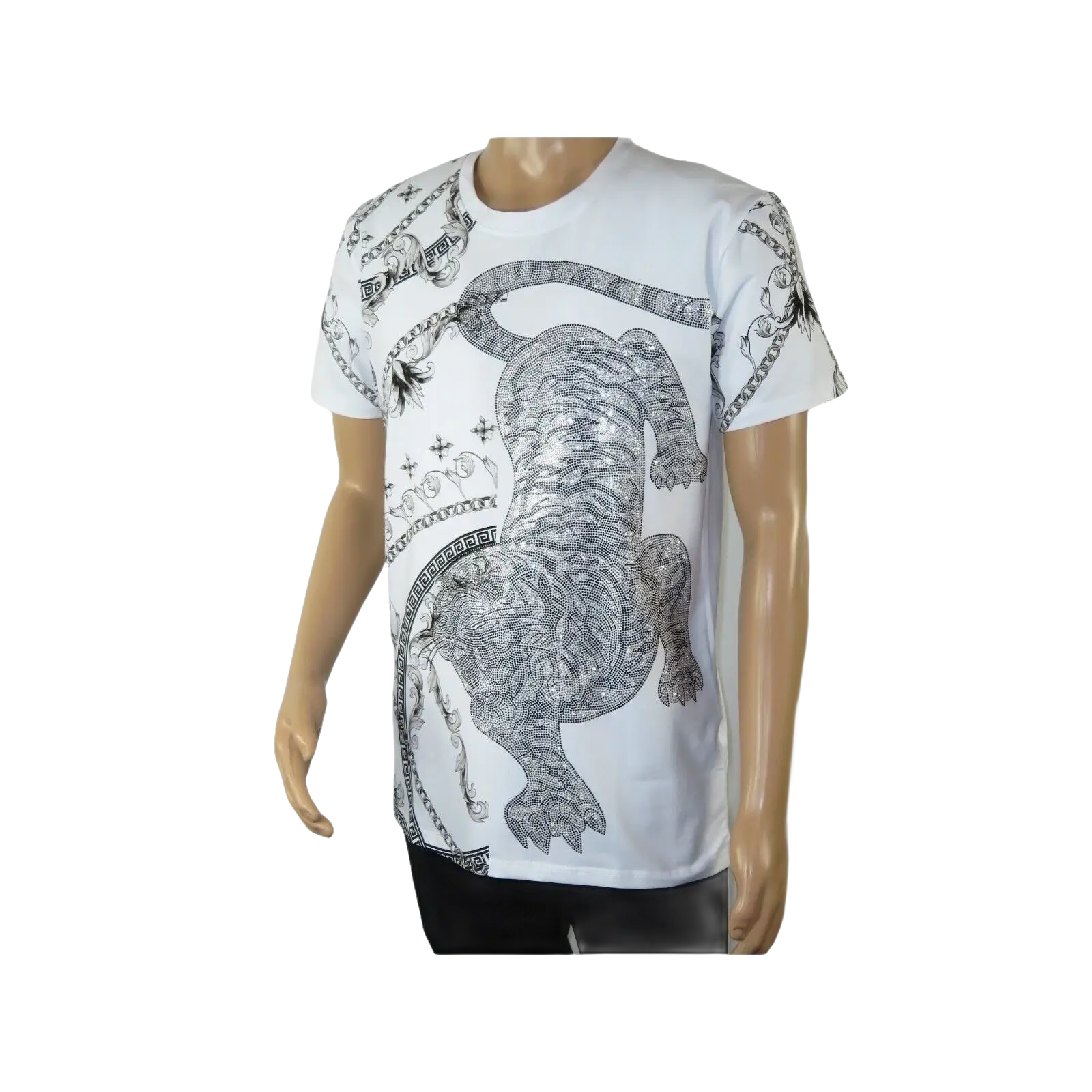 Mens PLATINI Sports Shirt With Rhine Stones Lion Chain STT8023 White - J.Valintin Men's Wear Legend - 92035