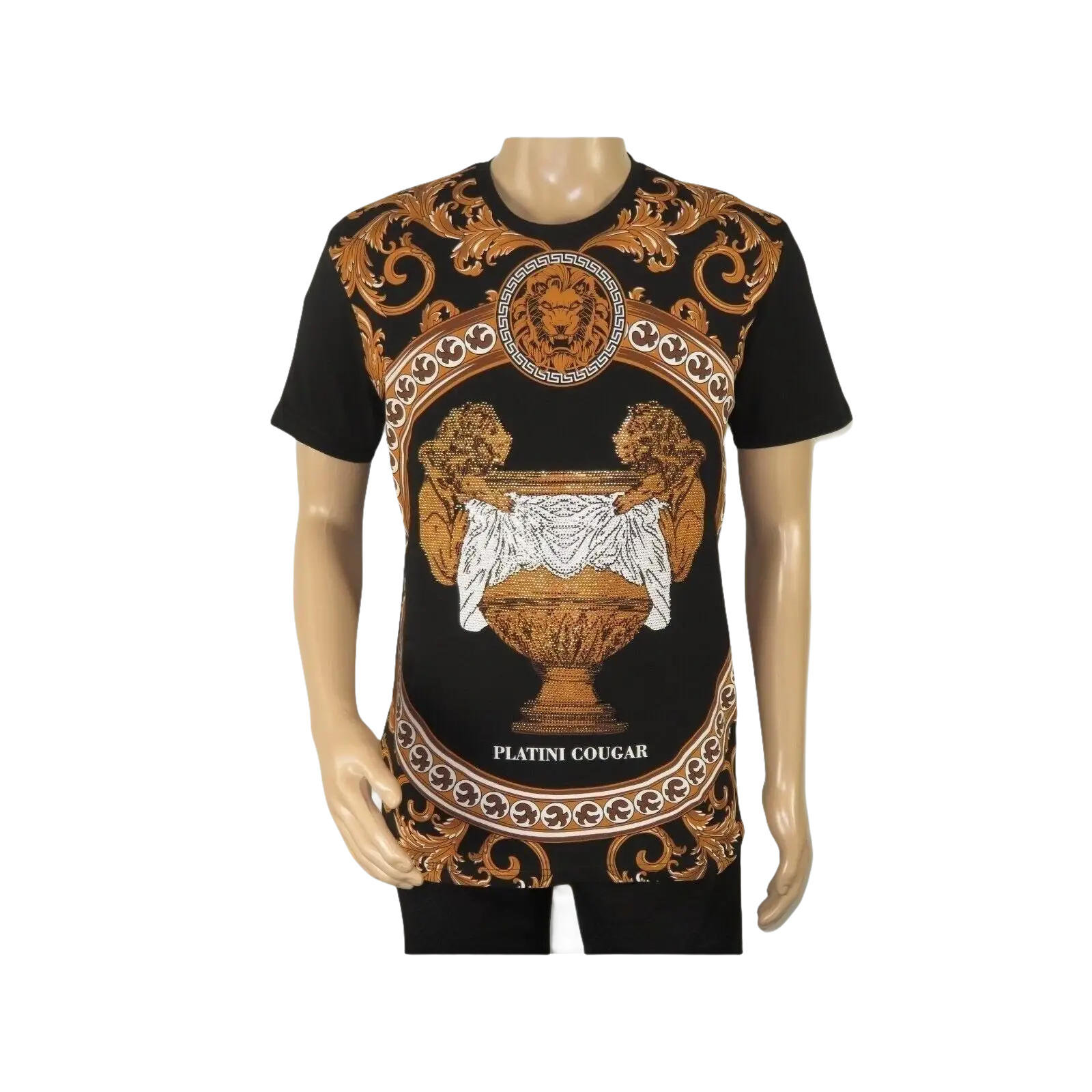 Mens PLATINI Sports Shirt With Rhine Stones Lion Medallion Chain SS3560 Black - J.Valintin Men's Wear Legend - 92040