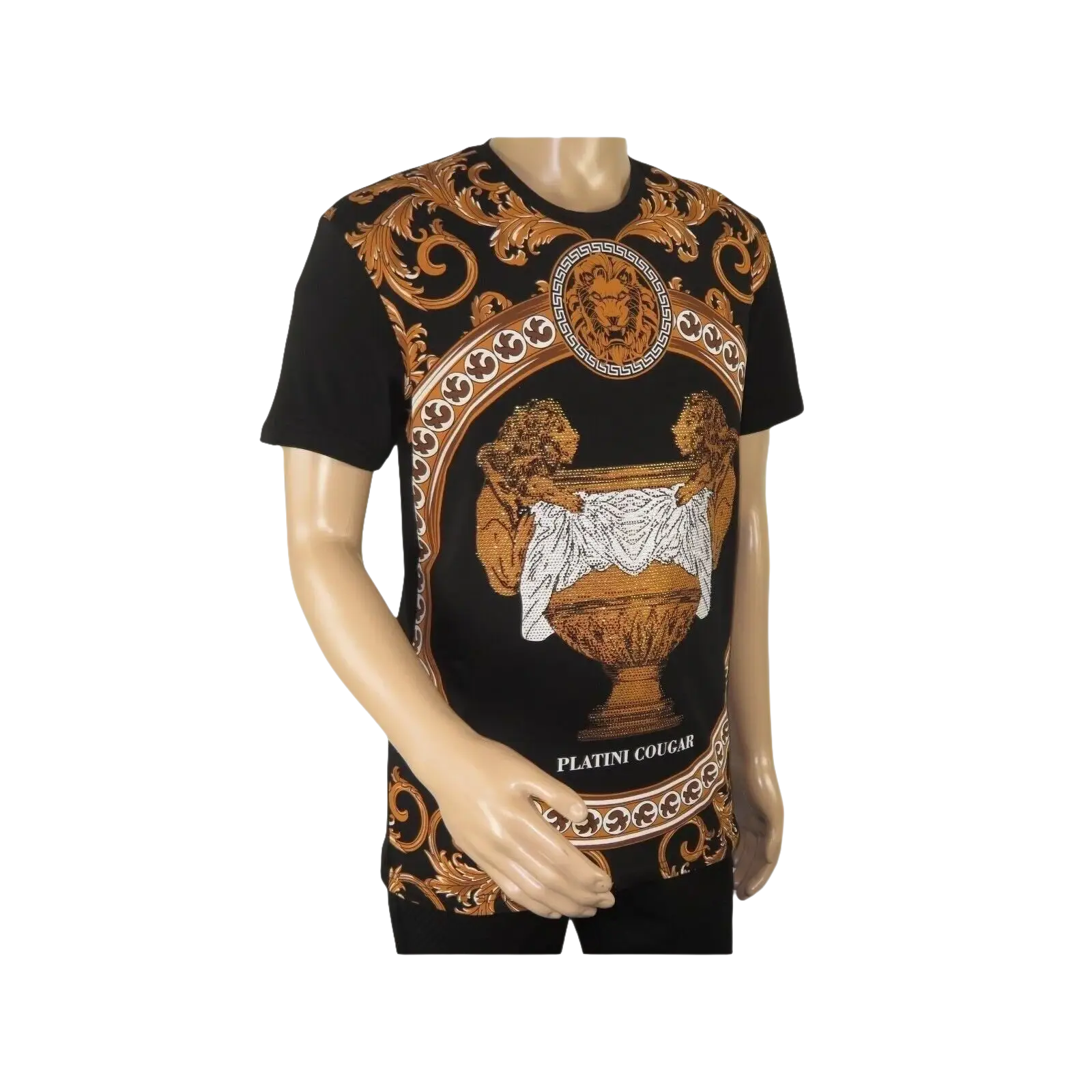 Mens PLATINI Sports Shirt With Rhine Stones Lion Medallion Chain SS3560 Black - J.Valintin Men's Wear Legend - 92040