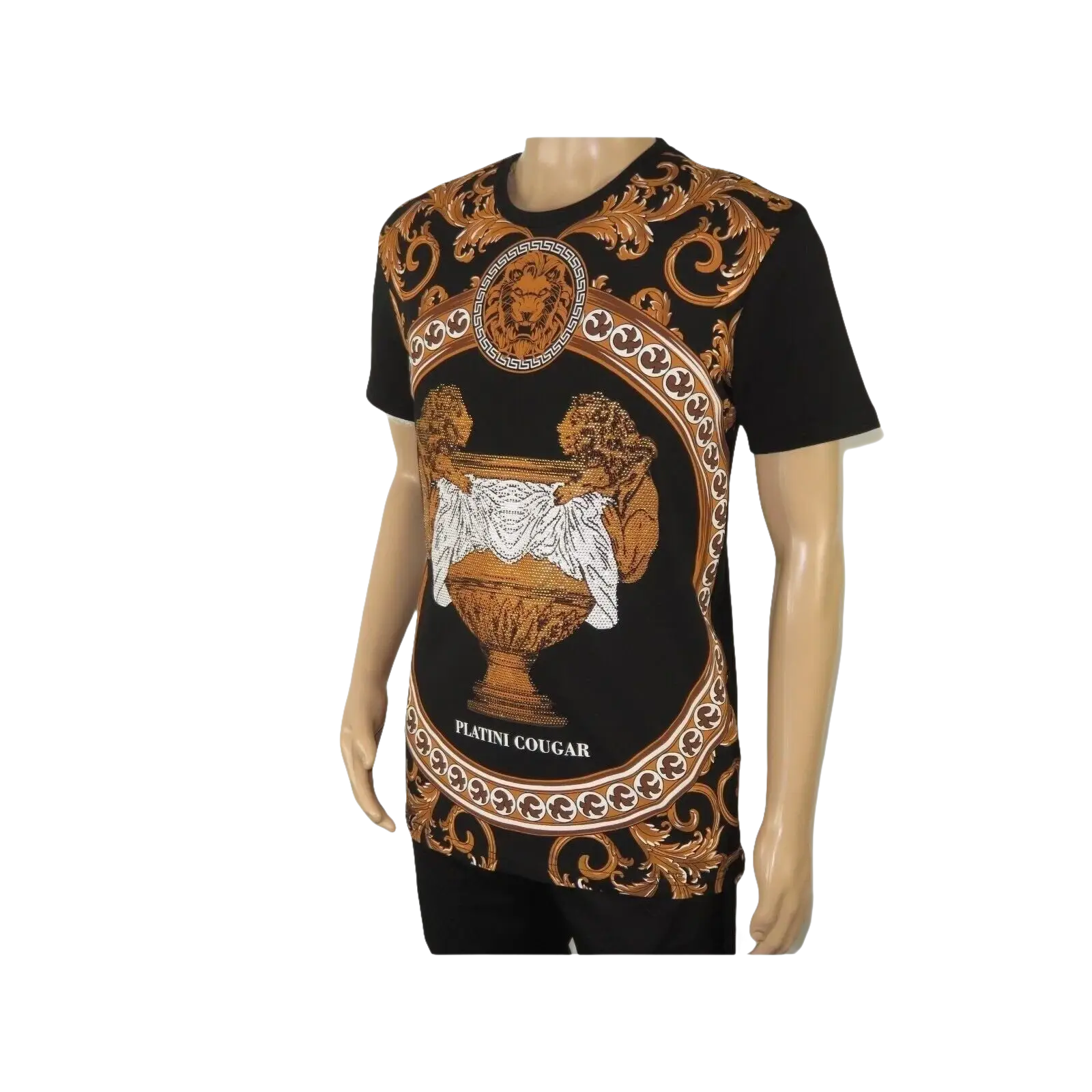 Mens PLATINI Sports Shirt With Rhine Stones Lion Medallion Chain SS3560 Black - J.Valintin Men's Wear Legend - 92040