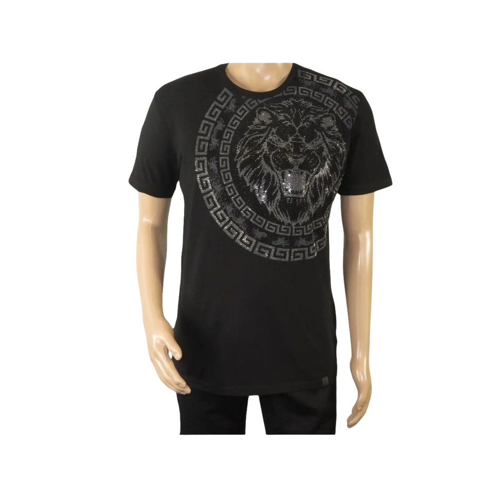 Mens PLATINI Sports Shirt With Rhine Stones Lion Medallion Chain SS3612 Black - J.Valintin Men's Wear Legend - 92015