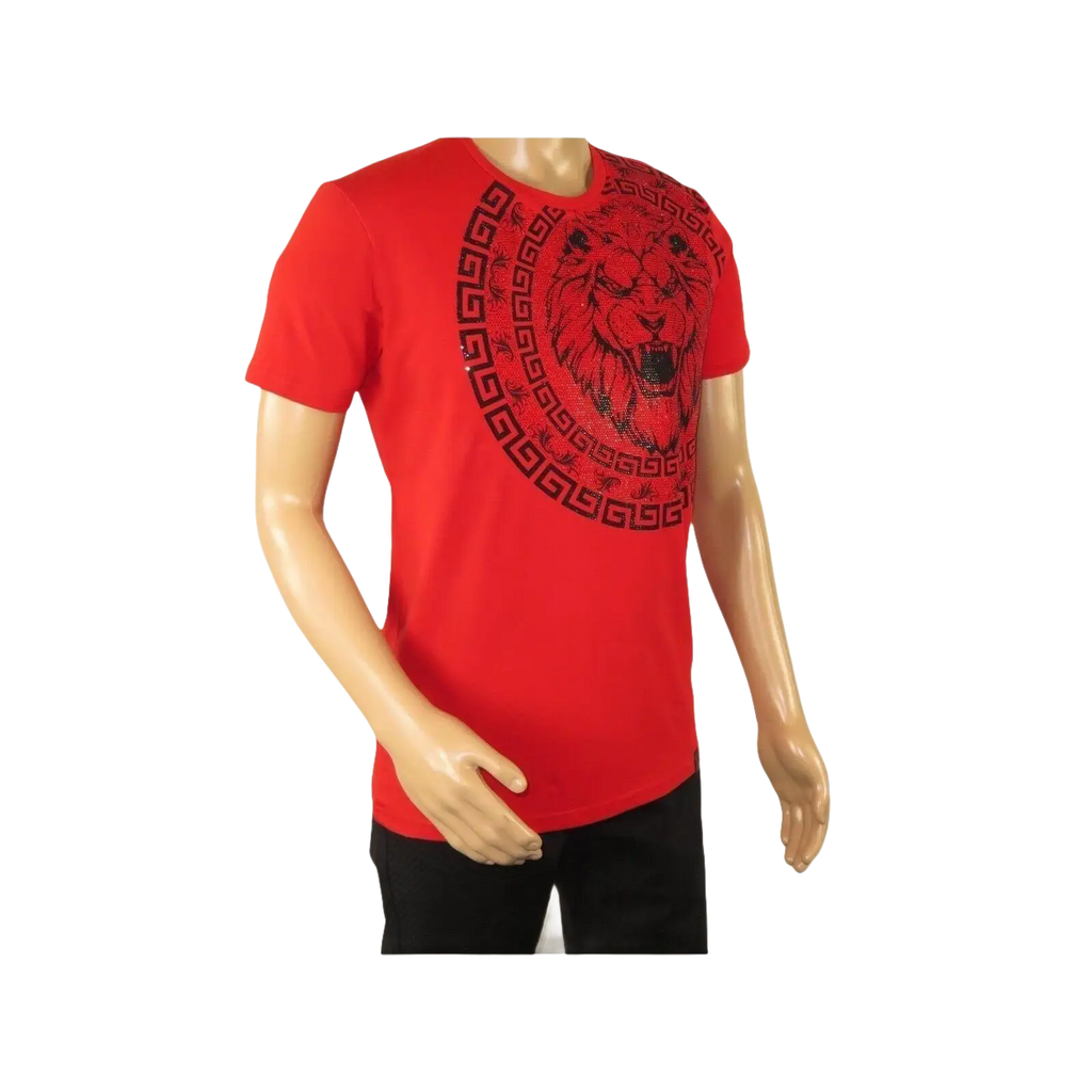Mens PLATINI Sports Shirt With Rhine Stones Lion Medallion Chain SS3612 Red - J.Valintin Men's Wear Legend - 92005