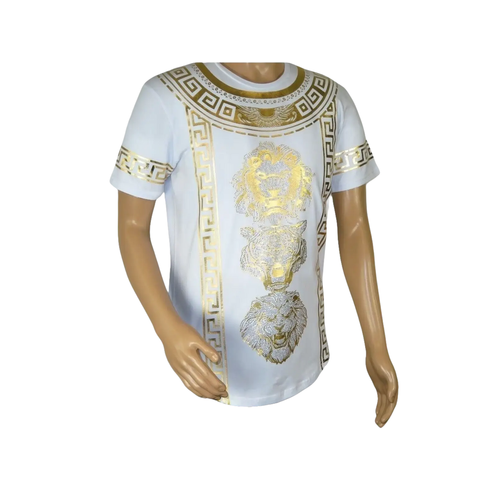 Mens PLATINI Sports Shirt With Rhine Stones Lion Medallion Chain SS3614 White - J.Valintin Men's Wear Legend - 92000
