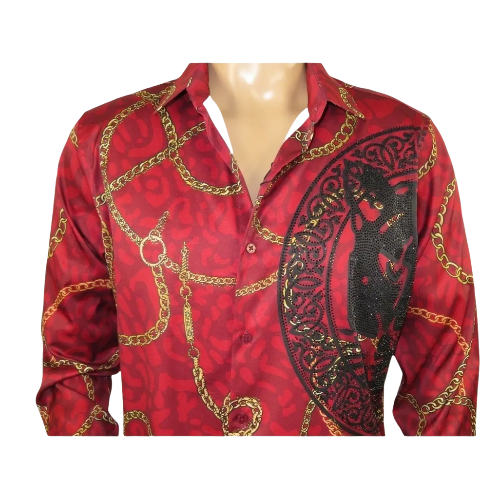 Mens PLATINI Sports Shirt With Rhine Stones Medallion Chain Design RHL8179 Wine - J.Valintin Men's Wear Legend - 92068