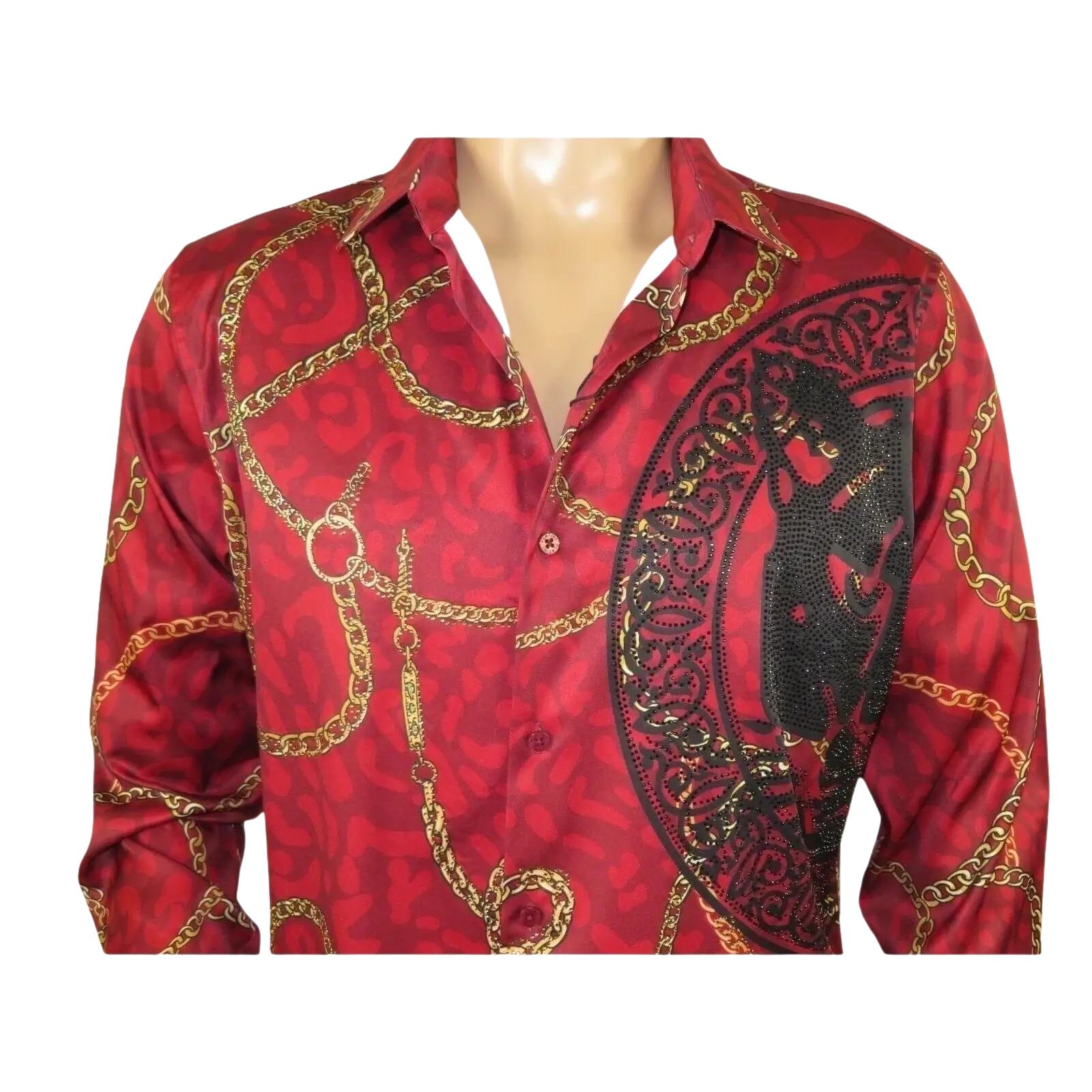 Mens PLATINI Sports Shirt With Rhine Stones Medallion Chain Design RHL8179 Wine - J.Valintin Men's Wear Legend - 92068