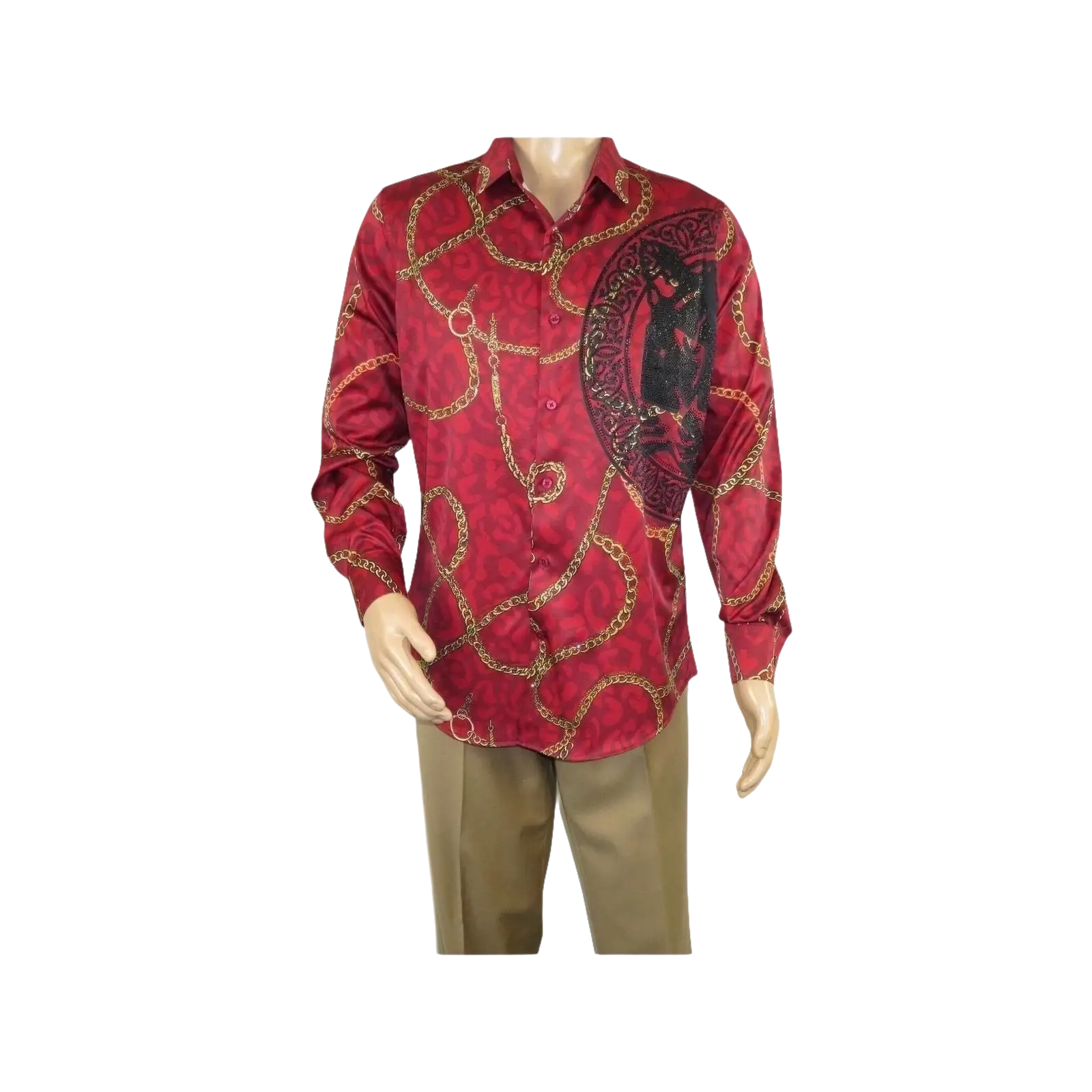 Mens PLATINI Sports Shirt With Rhine Stones Medallion Chain Design RHL8179 Wine - J.Valintin Men's Wear Legend - 92068