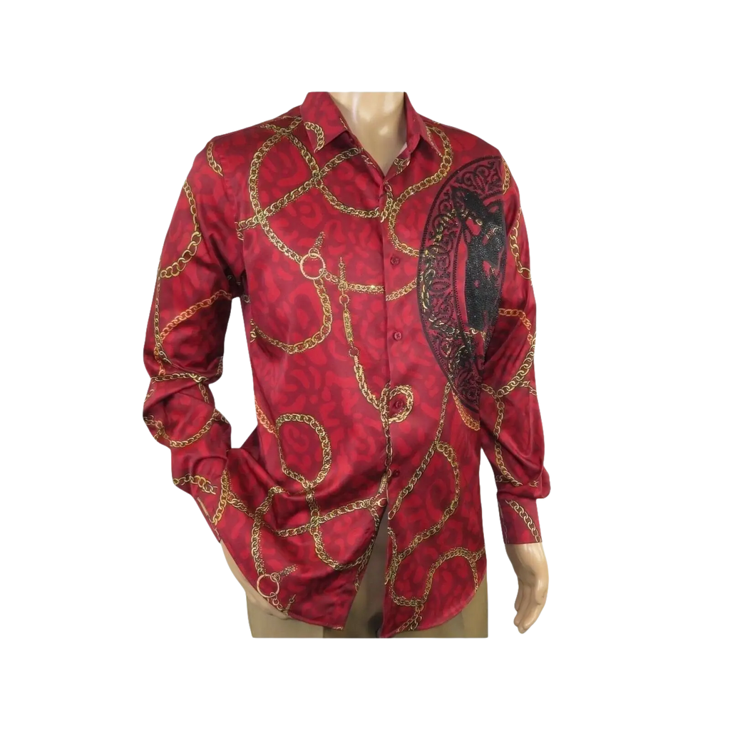 Mens PLATINI Sports Shirt With Rhine Stones Medallion Chain Design RHL8179 Wine - J.Valintin Men's Wear Legend - 92068