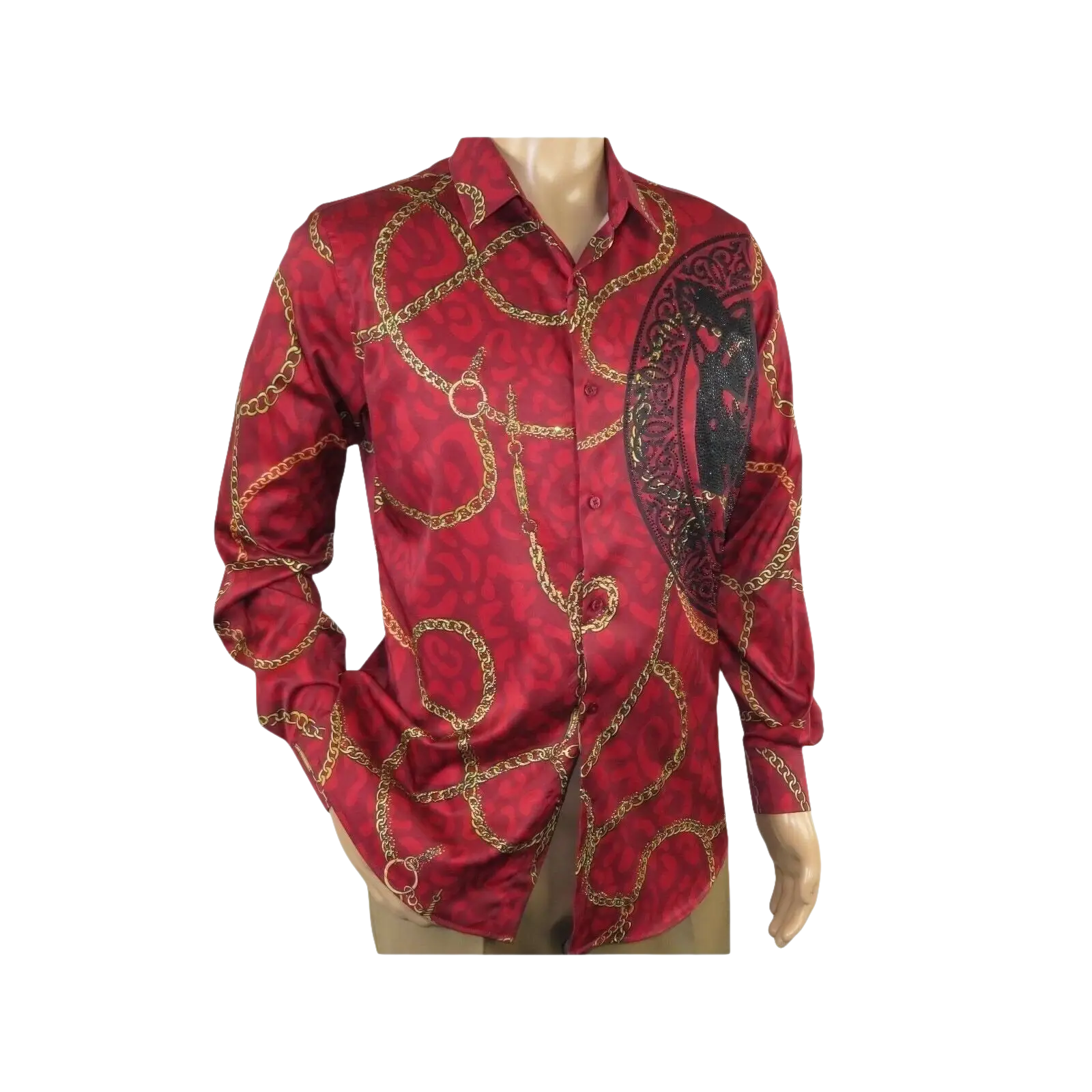 Mens PLATINI Sports Shirt With Rhine Stones Medallion Chain Design RHL8179 Wine - J.Valintin Men's Wear Legend - 92068