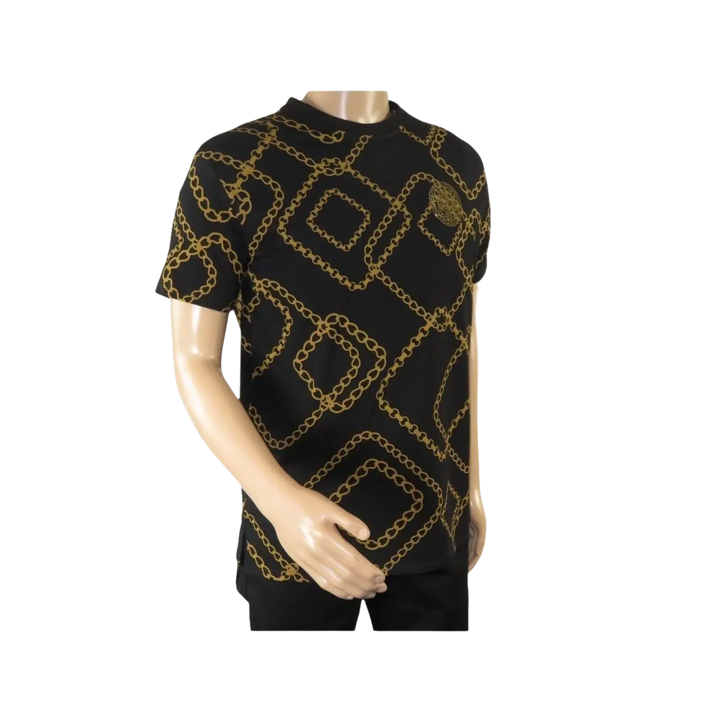 Mens PLATINI Sports Shirt With Rhine Stones Medallion Chain STT7626 Black Gold - J.Valintin Men's Wear Legend - 92030