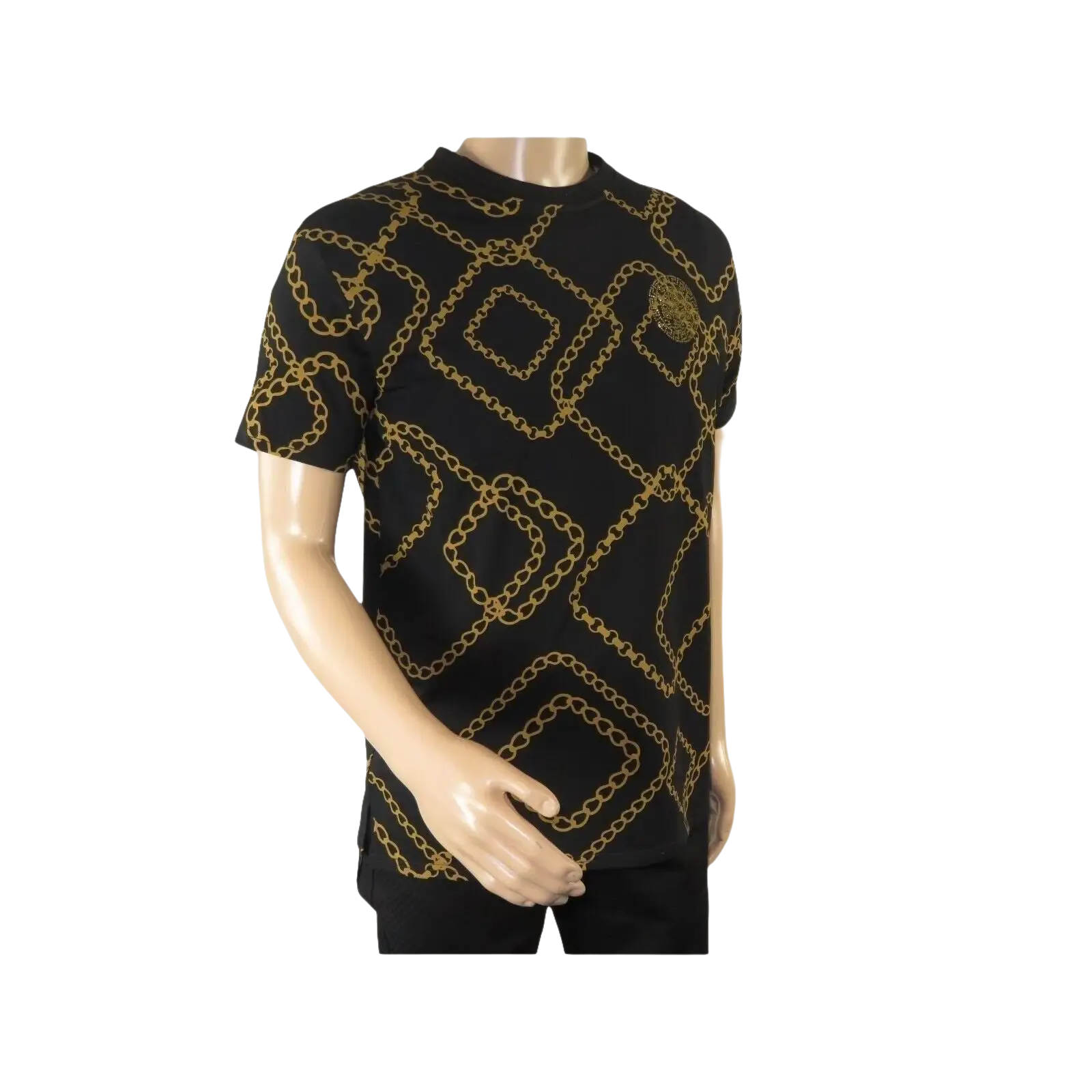 Mens PLATINI Sports Shirt With Rhine Stones Medallion Chain STT7626 Black Gold - J.Valintin Men's Wear Legend - 92030