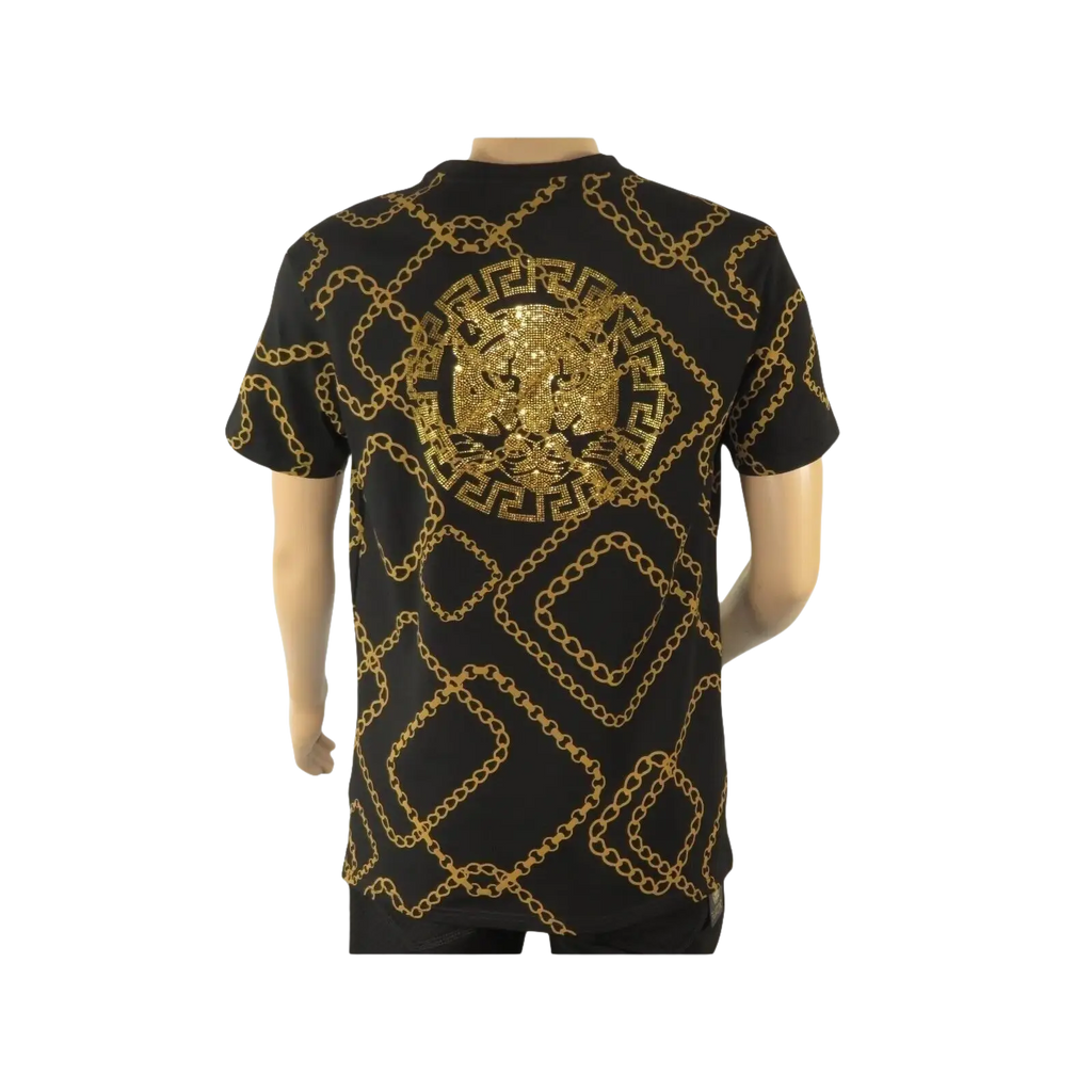 Mens PLATINI Sports Shirt With Rhine Stones Medallion Chain STT7626 Black Gold - J.Valintin Men's Wear Legend - 92030
