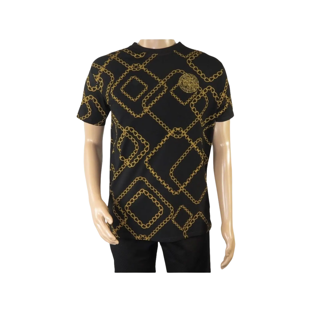 Mens PLATINI Sports Shirt With Rhine Stones Medallion Chain STT7626 Black Gold - J.Valintin Men's Wear Legend - 92030