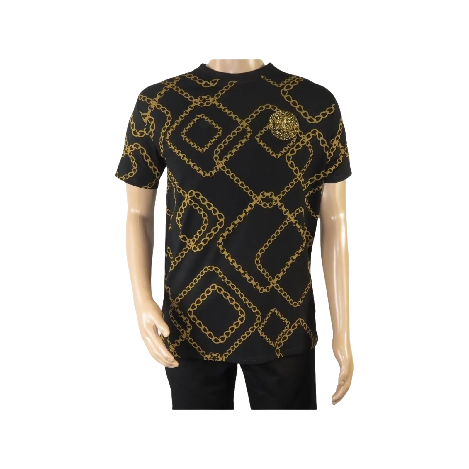 Mens PLATINI Sports Shirt With Rhine Stones Medallion Chain STT7626 Black Gold - J.Valintin Men's Wear Legend - 92030