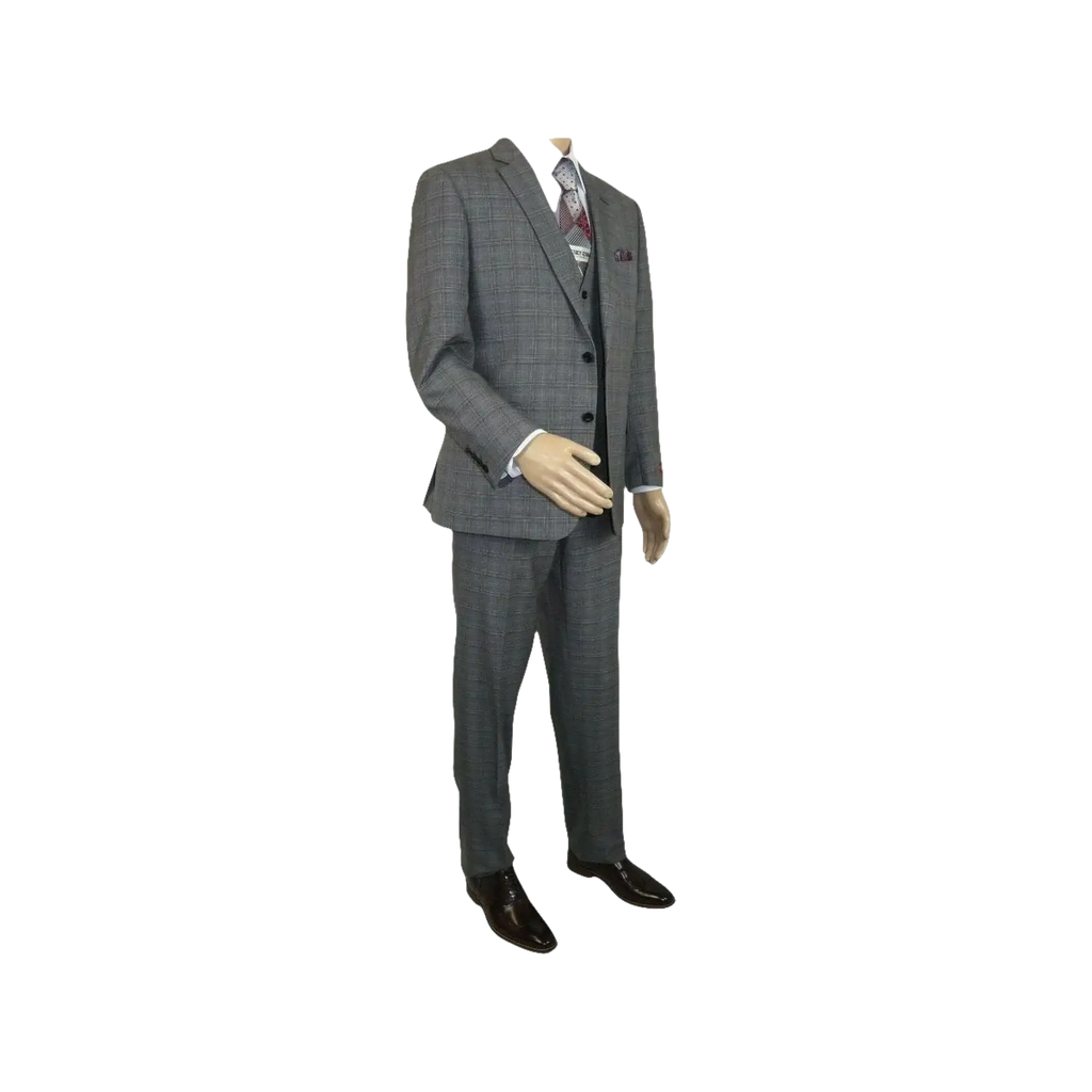 Mens Renoir 3 Piece Vested Suit Glen Plaid Notch Lapel Business 278 - 1 Gray New - J.Valintin Men's Wear Legend - 28301