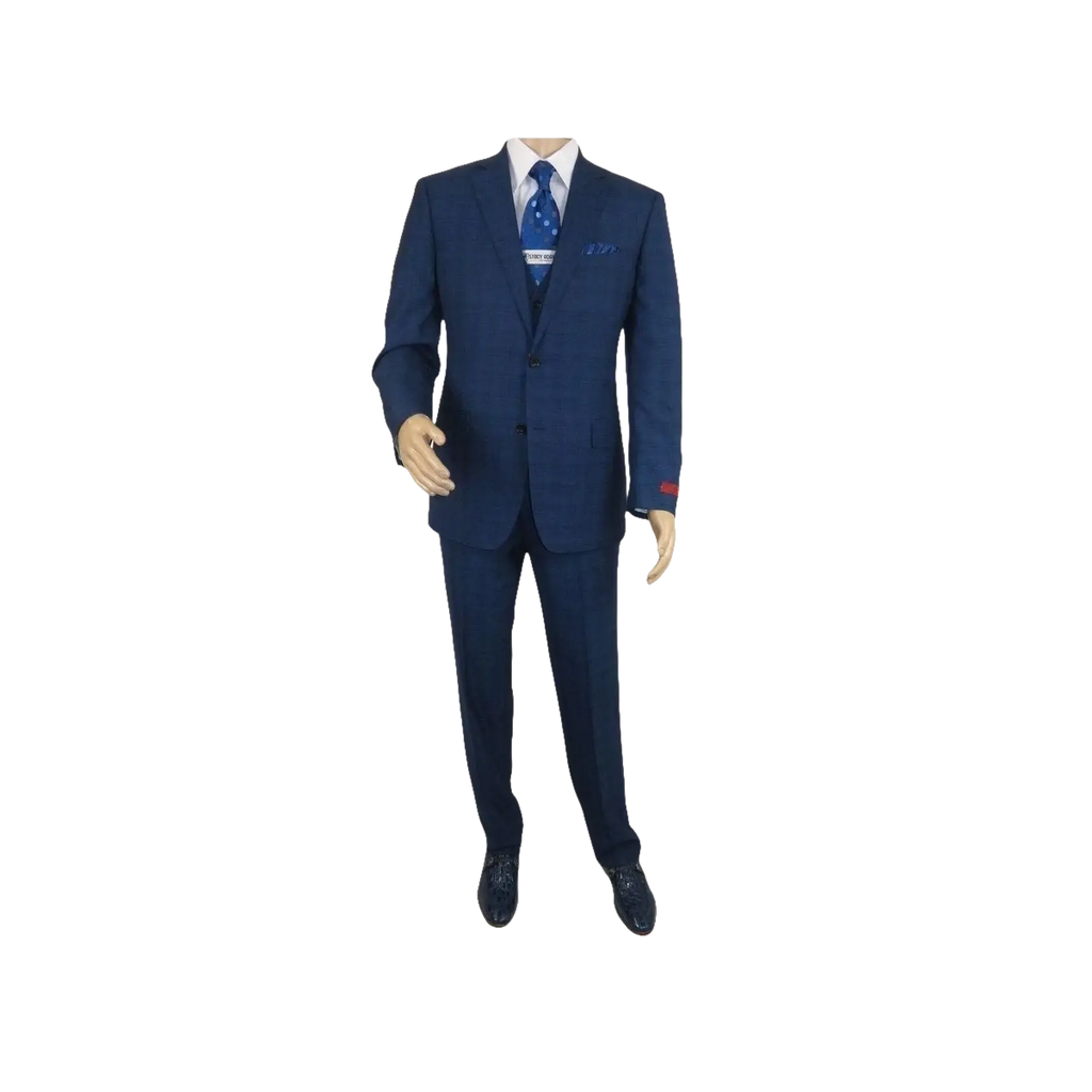 Mens Renoir 3 Piece Vested Suit Glenn Plaid Notch Lapel Business 278 - 2 Navy Blue - J.Valintin Men's Wear Legend - 21737
