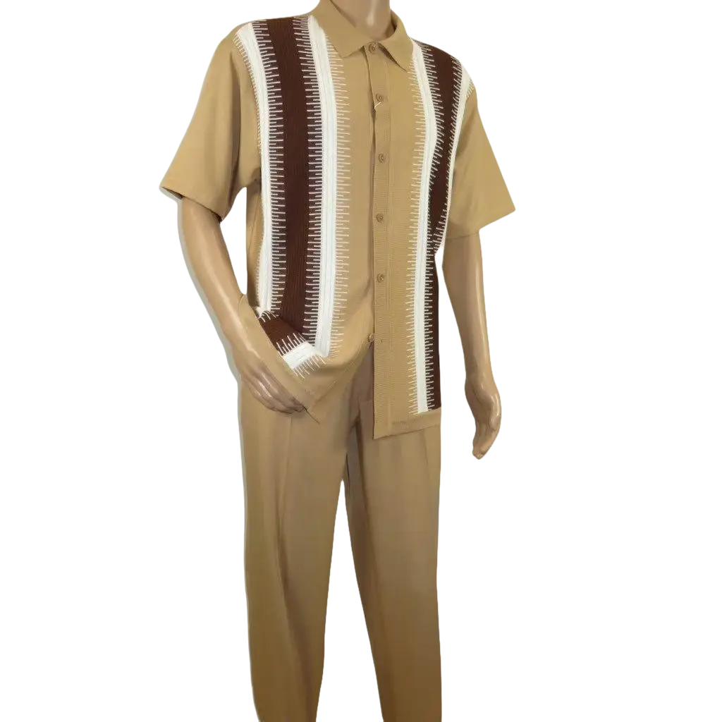Men's Silversilk 2pc Walking Leisure Matching Suit Italian Woven Knits 71044 Tan - J.Valintin Men's Wear Legend - 71044 - Tan - M