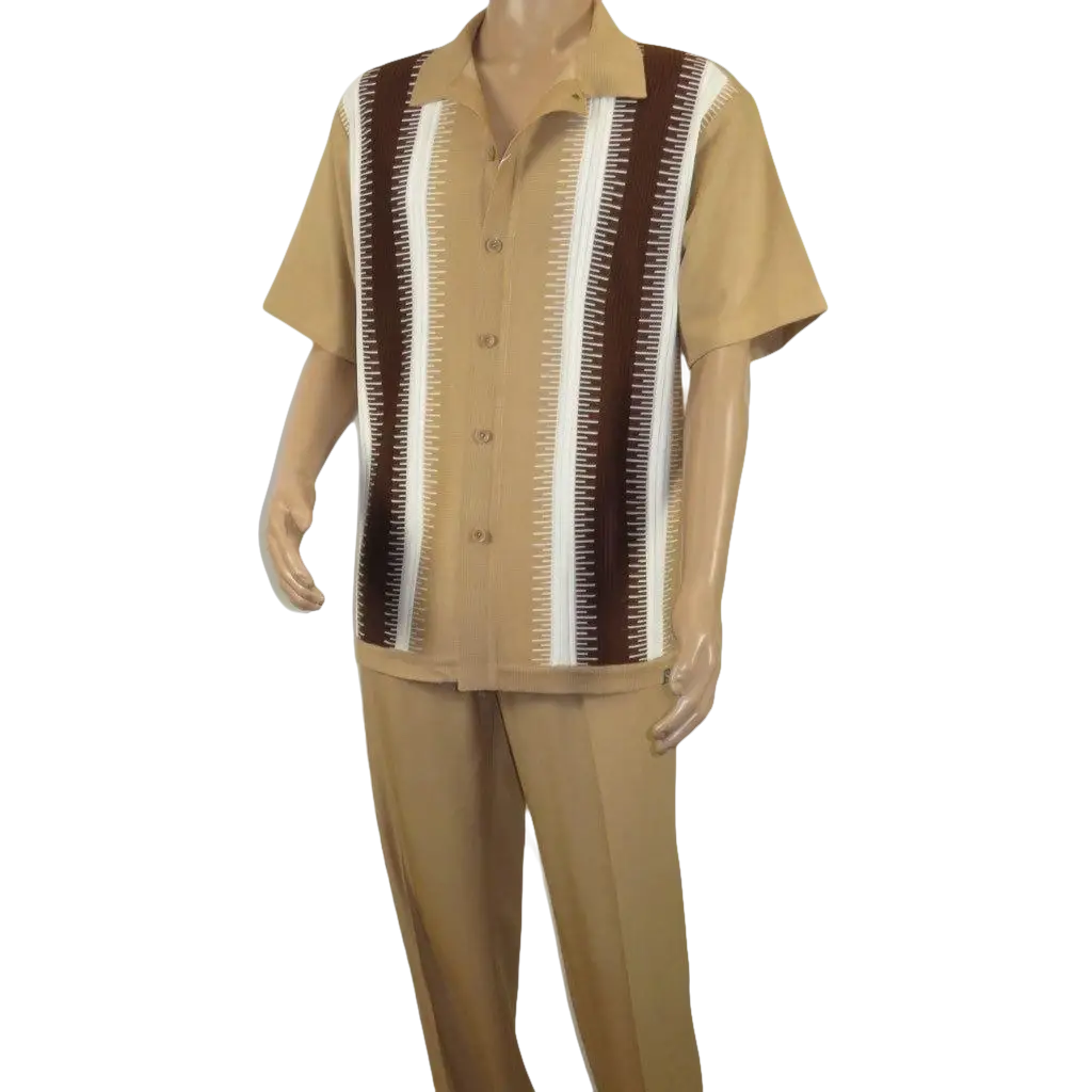 Men's Silversilk 2pc Walking Leisure Matching Suit Italian Woven Knits 71044 Tan - J.Valintin Men's Wear Legend - 71044 - Tan - M
