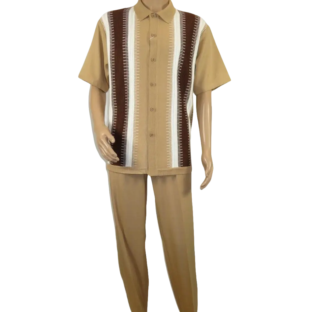 Men's Silversilk 2pc Walking Leisure Matching Suit Italian Woven Knits 71044 Tan - J.Valintin Men's Wear Legend - 71044 - Tan - M