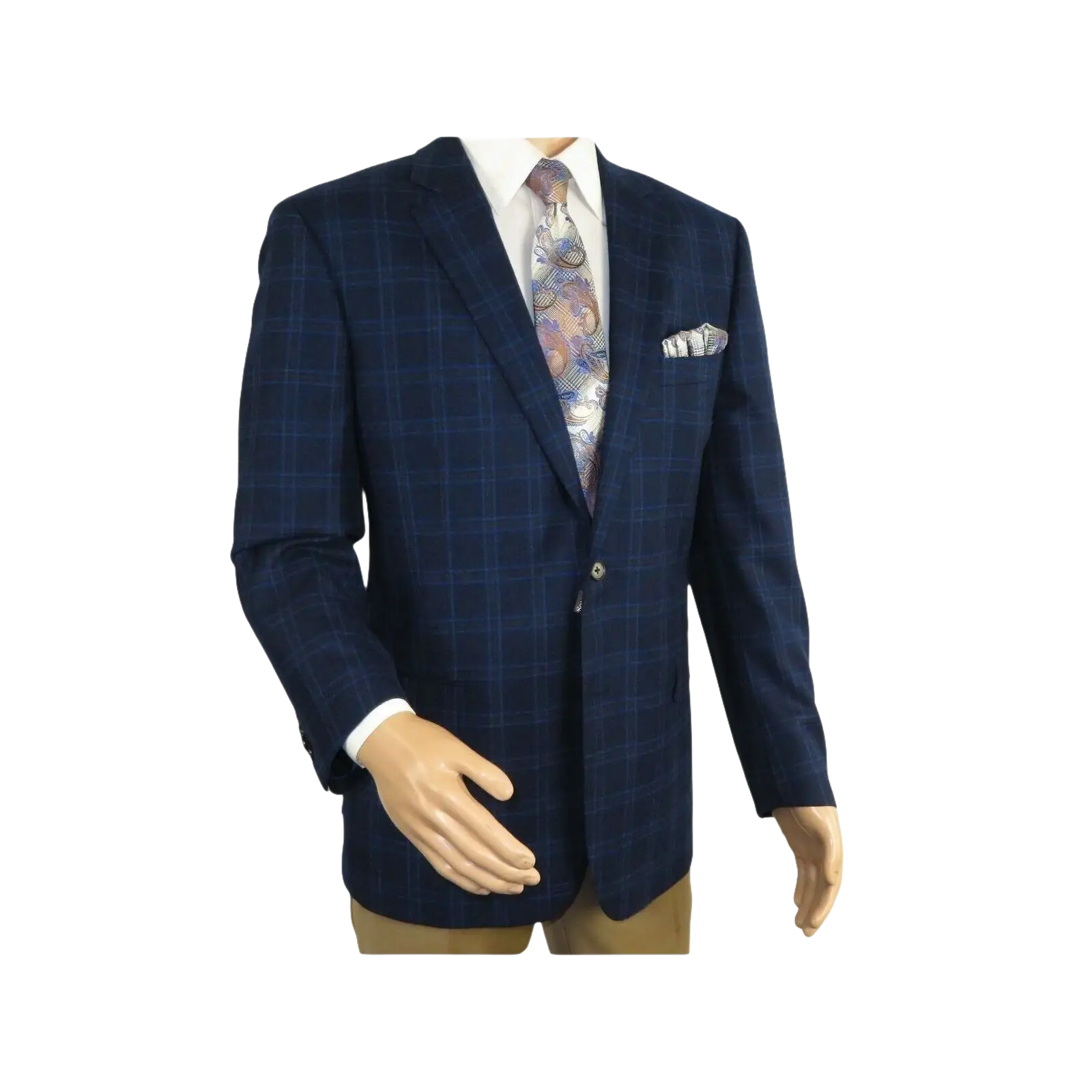 Men's Soft Wool Cashmere Sport Coat English Plaid Window Pane 556 - 11 Navy Renoir - J.Valintin Men's Wear Legend - 92568