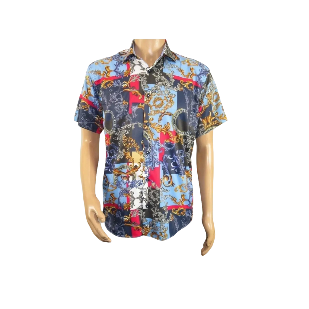 Men's Sports Shirt by MIZUMI Medallion Floral Printed Short Sleeves M647 Blue - J.Valintin Men's Wear Legend - 99154