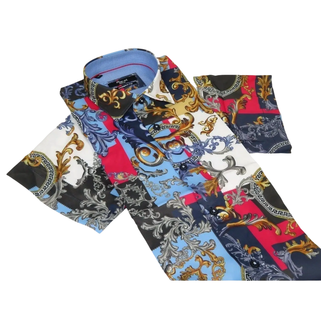 Men's Sports Shirt by MIZUMI Medallion Floral Printed Short Sleeves M647 Blue - J.Valintin Men's Wear Legend - 99154