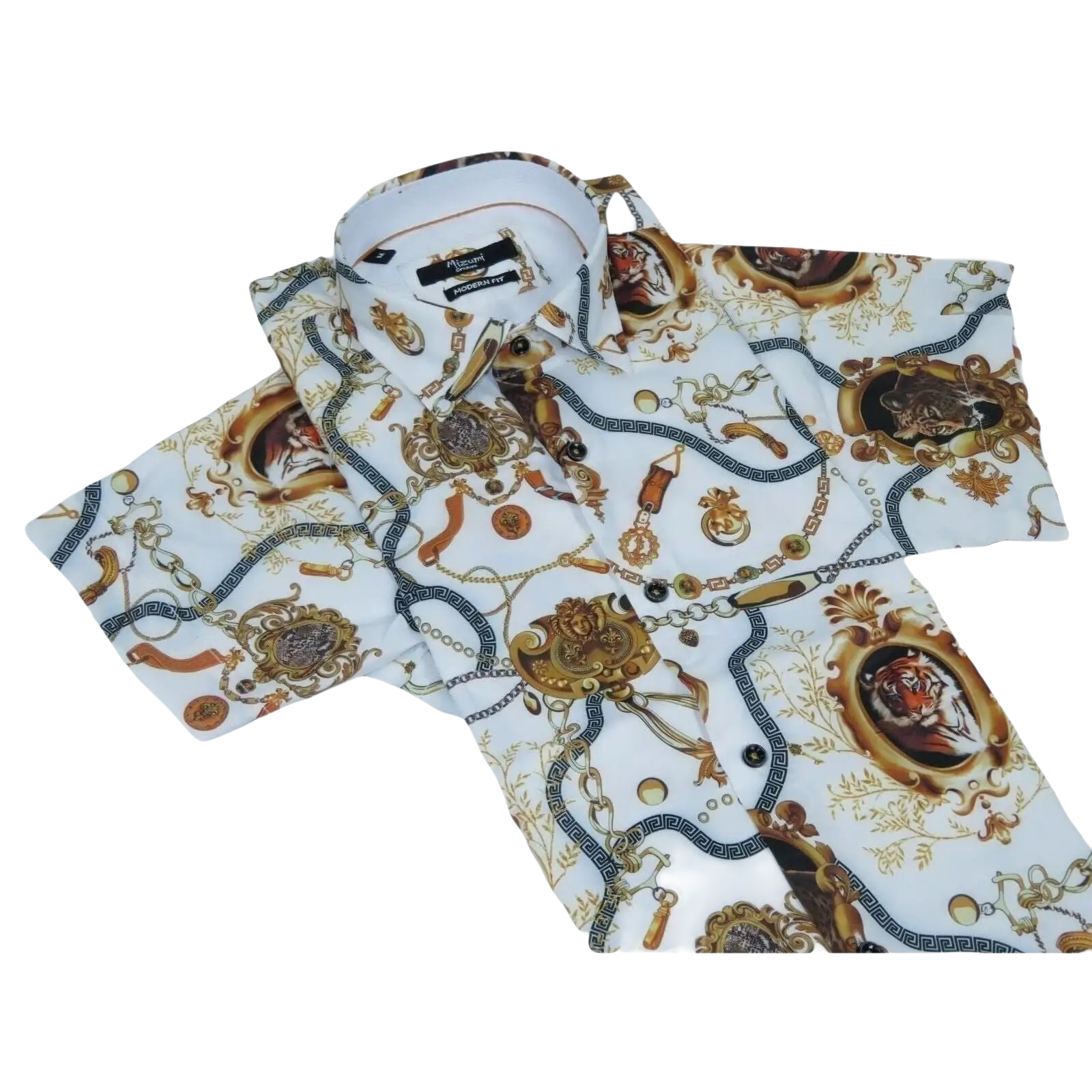 Men's Sports Shirt by MIZUMI Medallion Floral Printed Short Sleeves M648 White - J.Valintin Men's Wear Legend - 99146