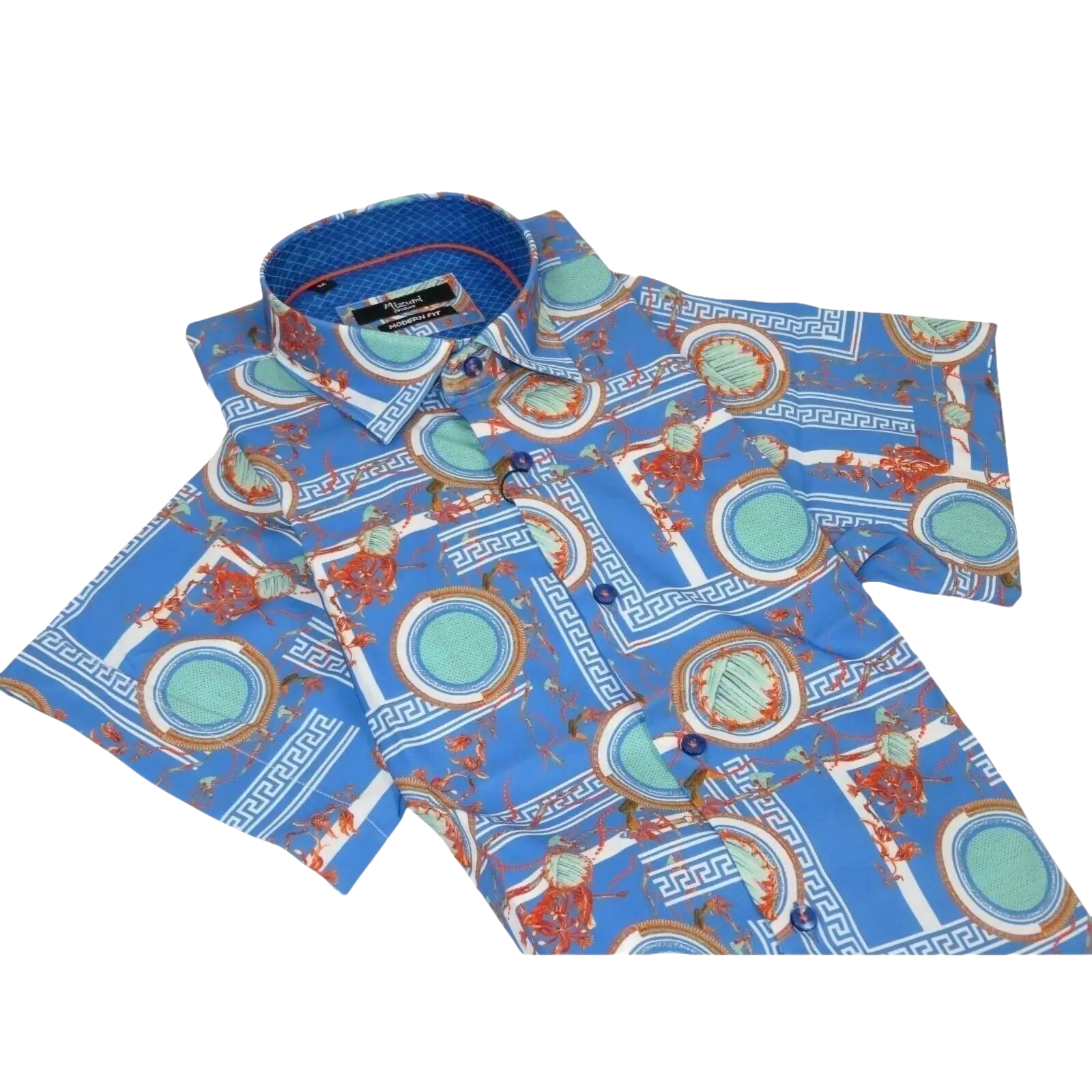 Men's Sports Shirt by MIZUMI Medallion Printed Soft Feel Short Sleeves M646 Blue - J.Valintin Men's Wear Legend - 99150