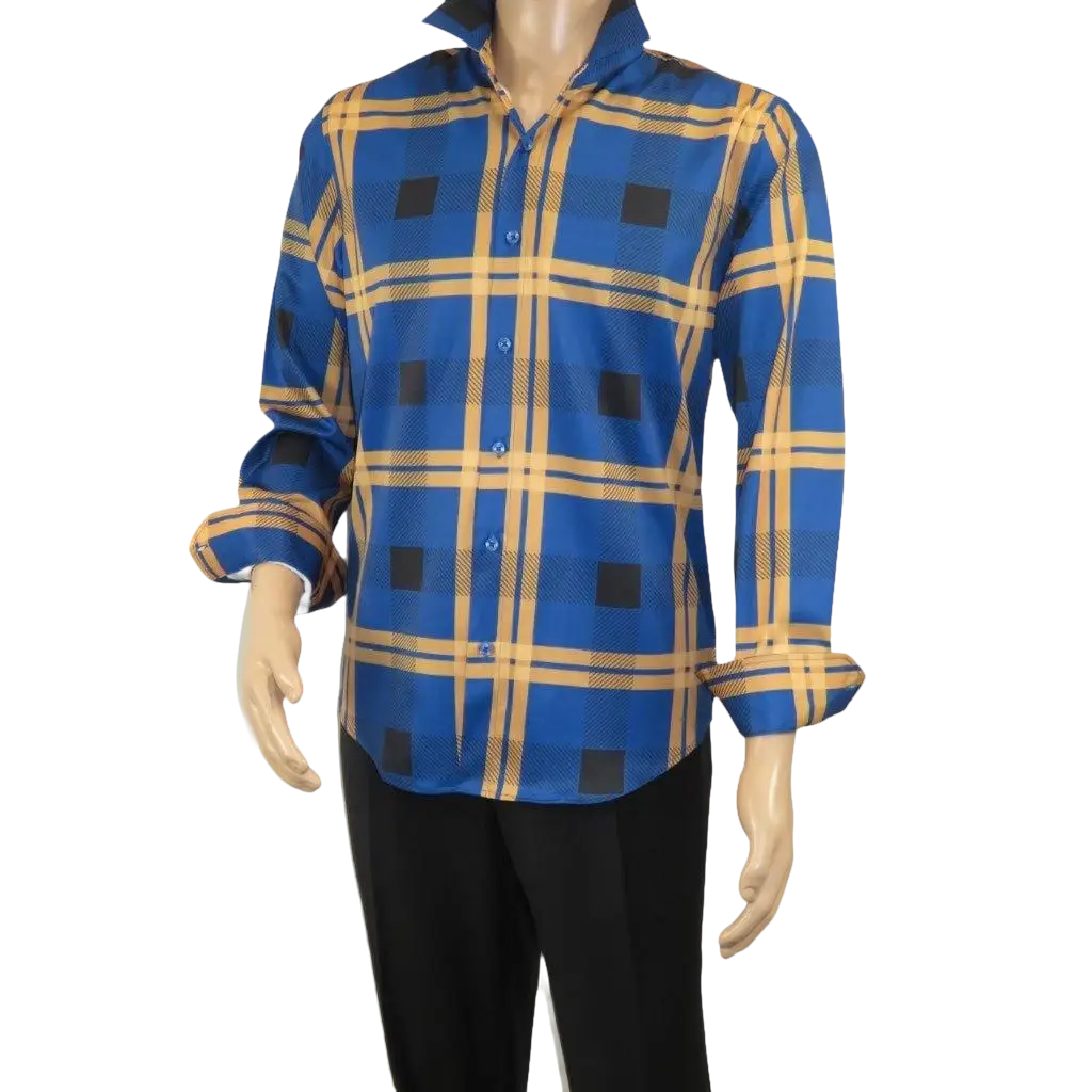 Men's Sports Shirt By Moderno Plaid Fancy Silky Long Sleeves MJLS - 810 Navy Blue - J.Valintin Men's Wear Legend - MJLS - 810 Navy - M