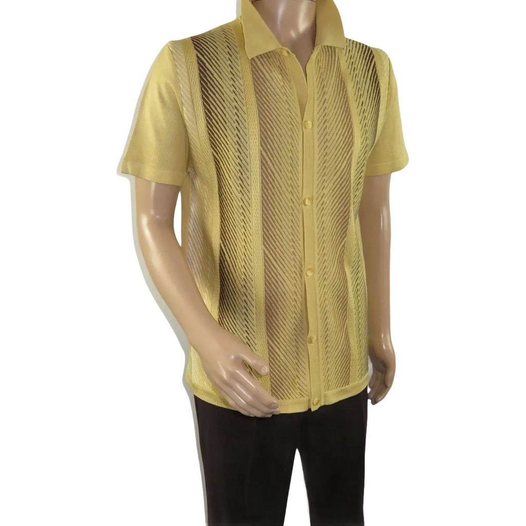 Mens Stacy Adams Italian Style Knit Woven Shirt Short Sleeves 3107 Honey Beige - J.Valintin Men's Wear Legend - 94948