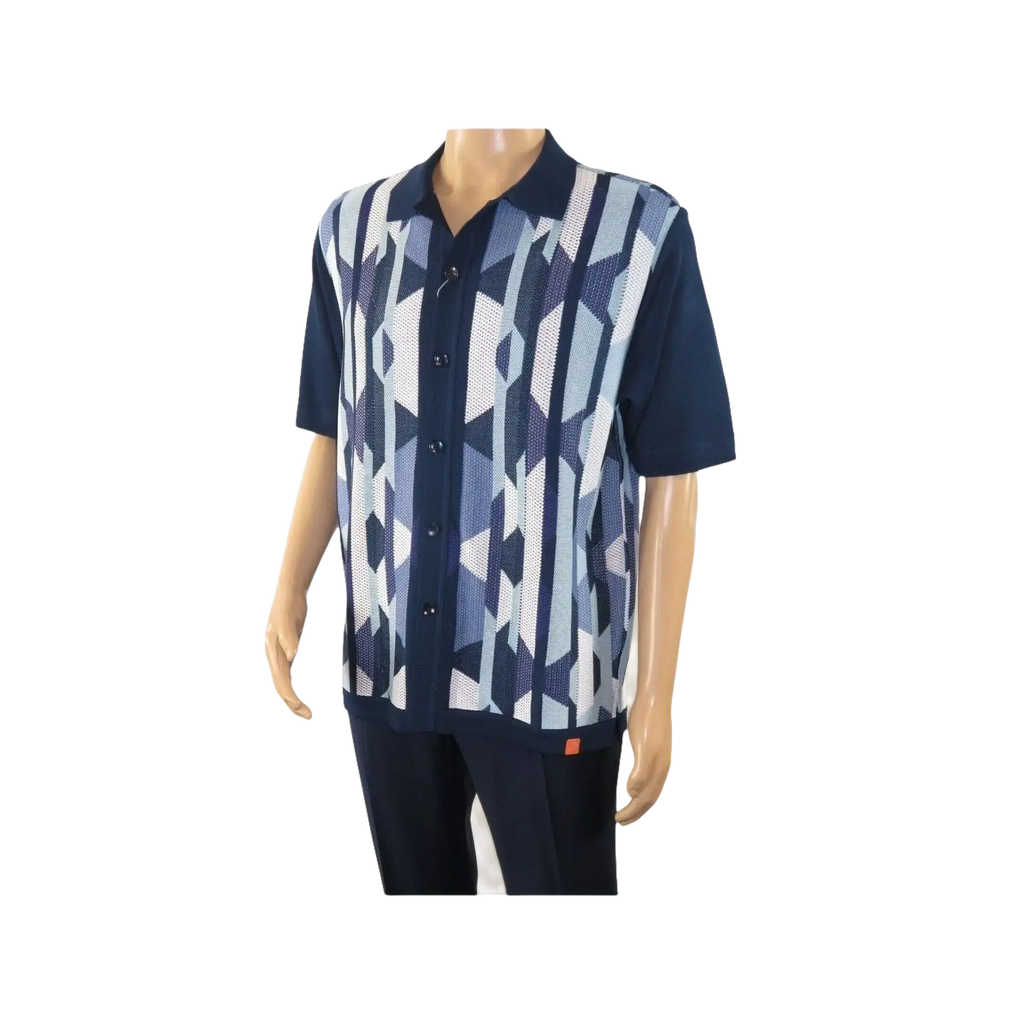 Mens Stacy Adams Italian Style Knit Woven Shirt Short Sleeves 3117 Navy Blue - J.Valintin Men's Wear Legend - 94966