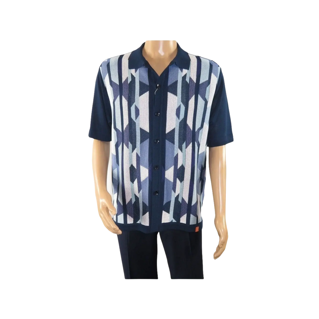 Mens Stacy Adams Italian Style Knit Woven Shirt Short Sleeves 3117 Navy Blue - J.Valintin Men's Wear Legend - 94966