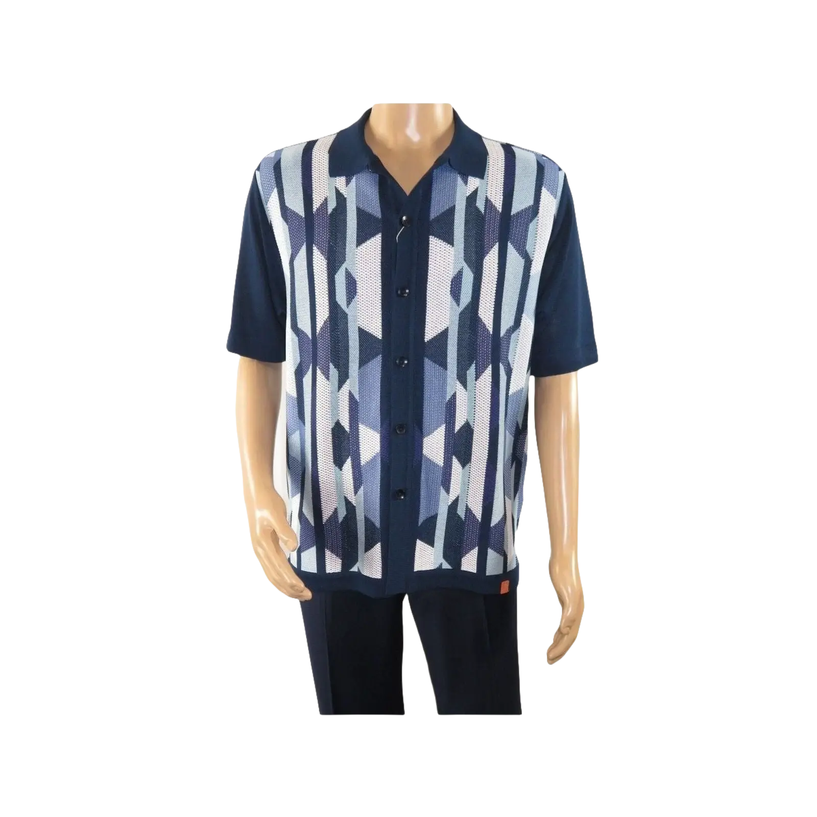 Mens Stacy Adams Italian Style Knit Woven Shirt Short Sleeves 3117 Navy Blue - J.Valintin Men's Wear Legend - 94966