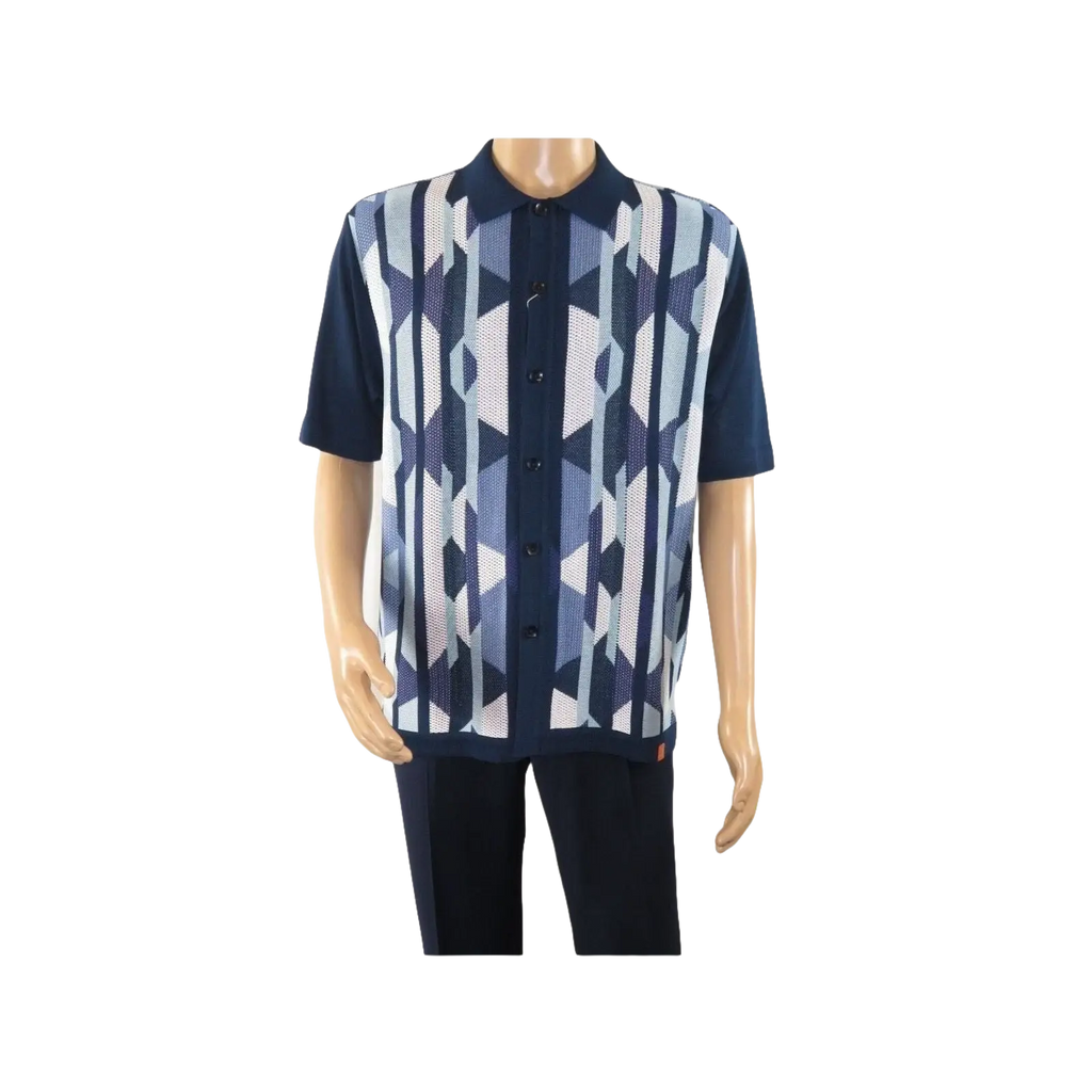 Mens Stacy Adams Italian Style Knit Woven Shirt Short Sleeves 3117 Navy Blue - J.Valintin Men's Wear Legend - 94966