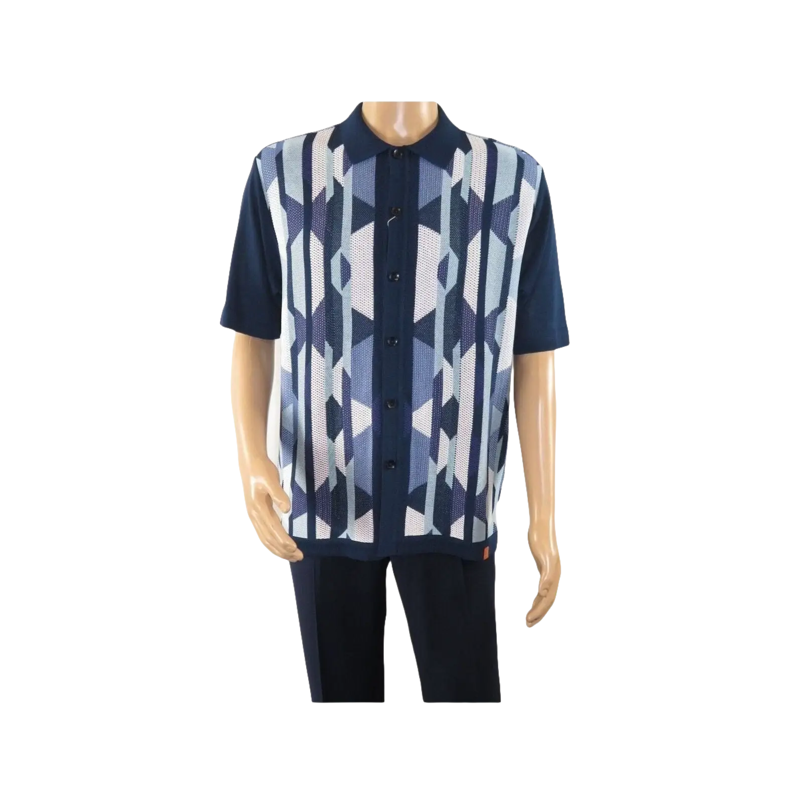 Mens Stacy Adams Italian Style Knit Woven Shirt Short Sleeves 3117 Navy Blue - J.Valintin Men's Wear Legend - 94966