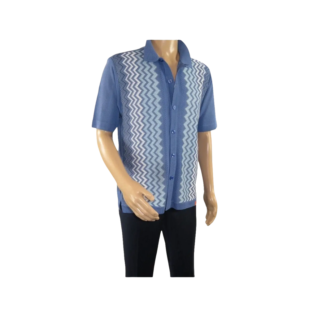 Mens Stacy Adams Italian Style Knit Woven Shirt Short Sleeves 3118 Denim Blue - J.Valintin Men's Wear Legend - 94864