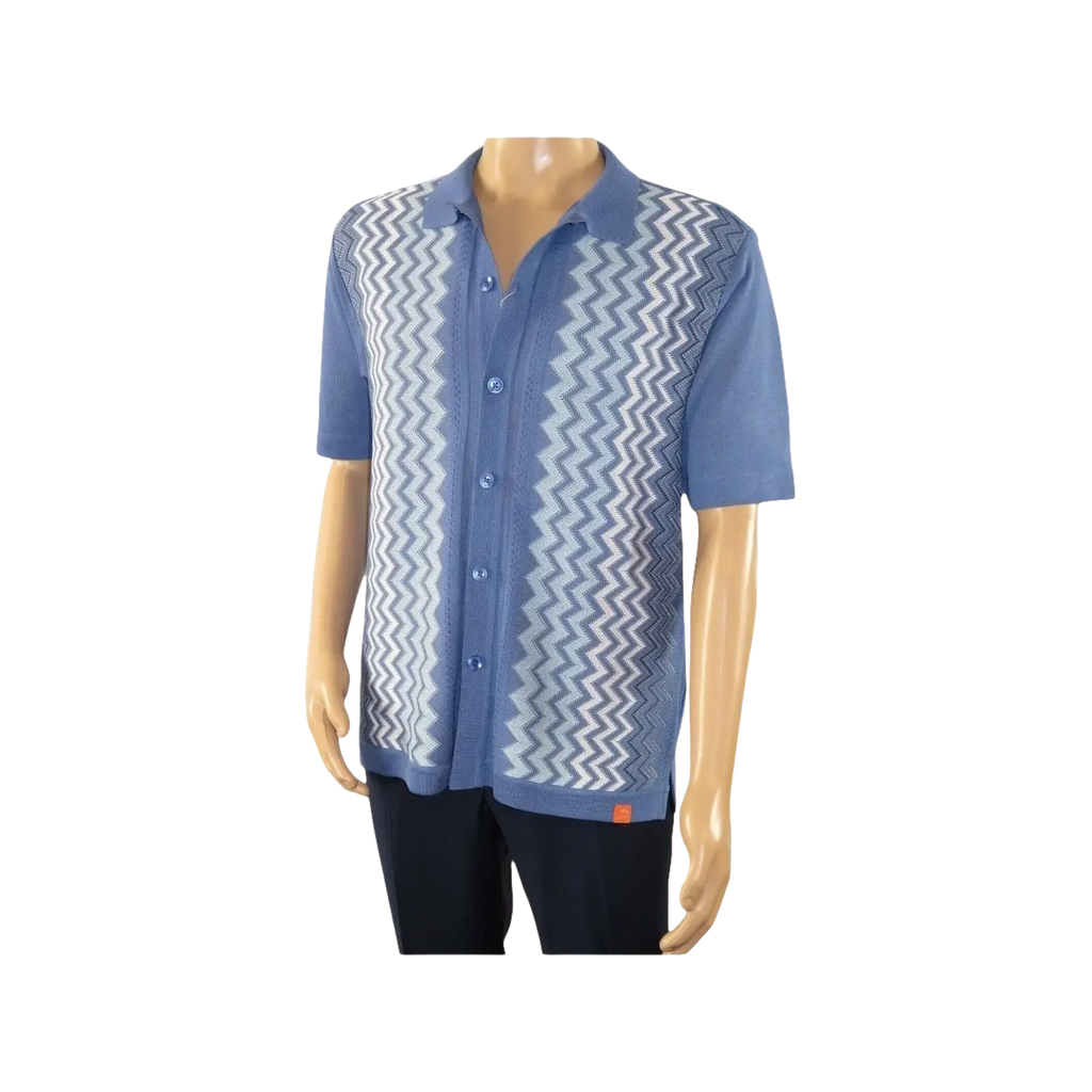 Mens Stacy Adams Italian Style Knit Woven Shirt Short Sleeves 3118 Denim Blue - J.Valintin Men's Wear Legend - 94864
