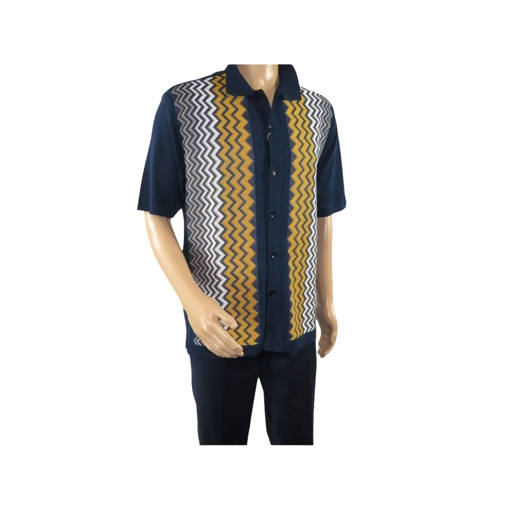 Mens Stacy Adams Italian Style Knit Woven Shirt Short Sleeves 3118 Navy Blue - J.Valintin Men's Wear Legend - 94858