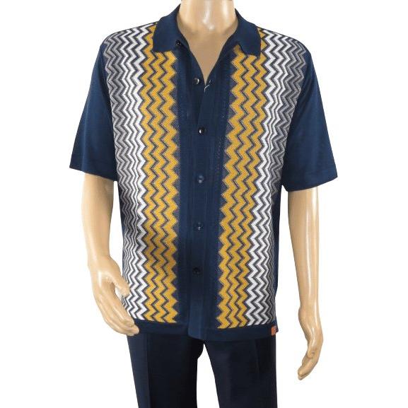 Mens Stacy Adams Italian Style Knit Woven Shirt Short Sleeves 3118 Navy Blue - J.Valintin Men's Wear Legend - 94858