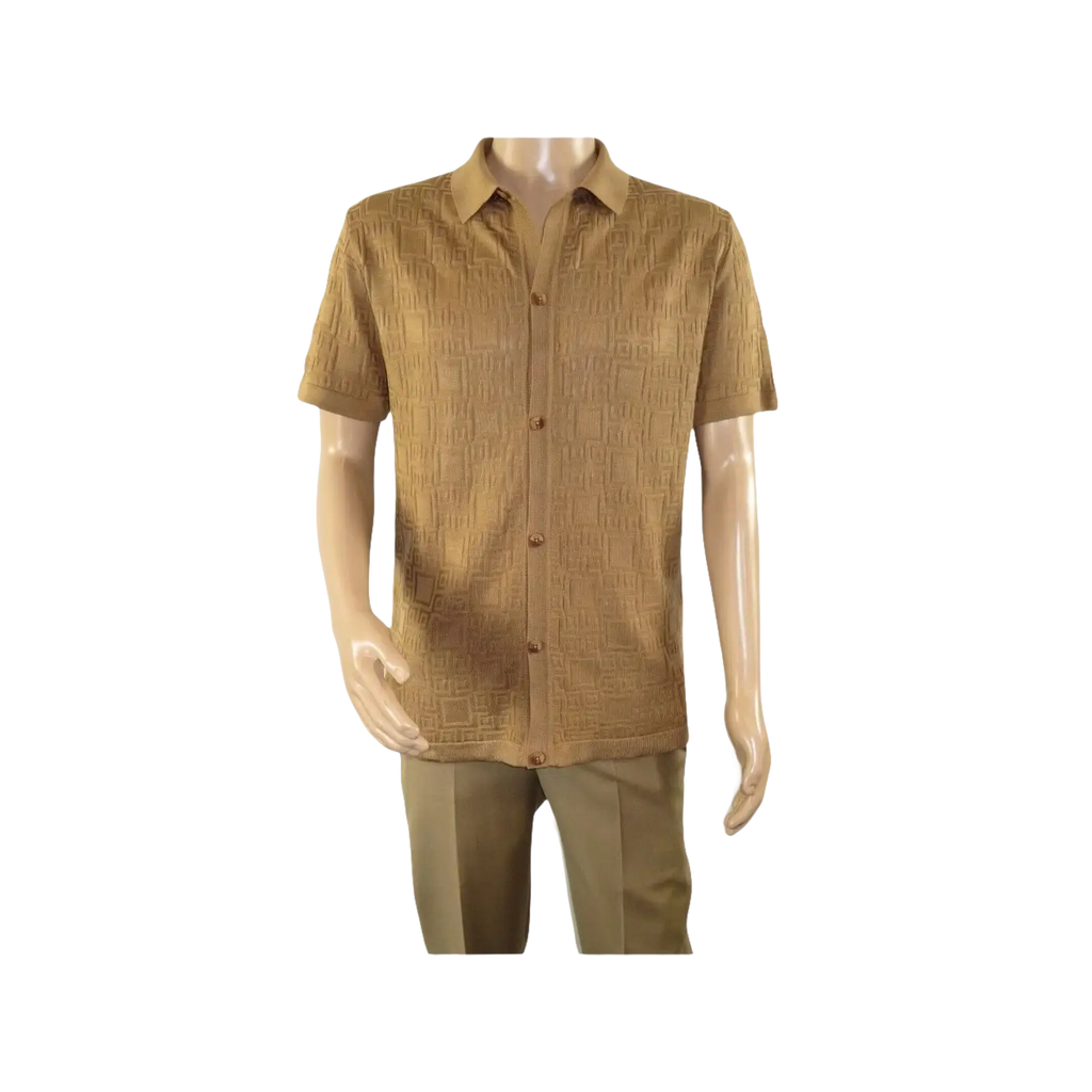 Mens Stacy Adams Italian Style Knit Woven Shirt Short Sleeves 3128 Cafe Brown - J.Valintin Men's Wear Legend - 94894