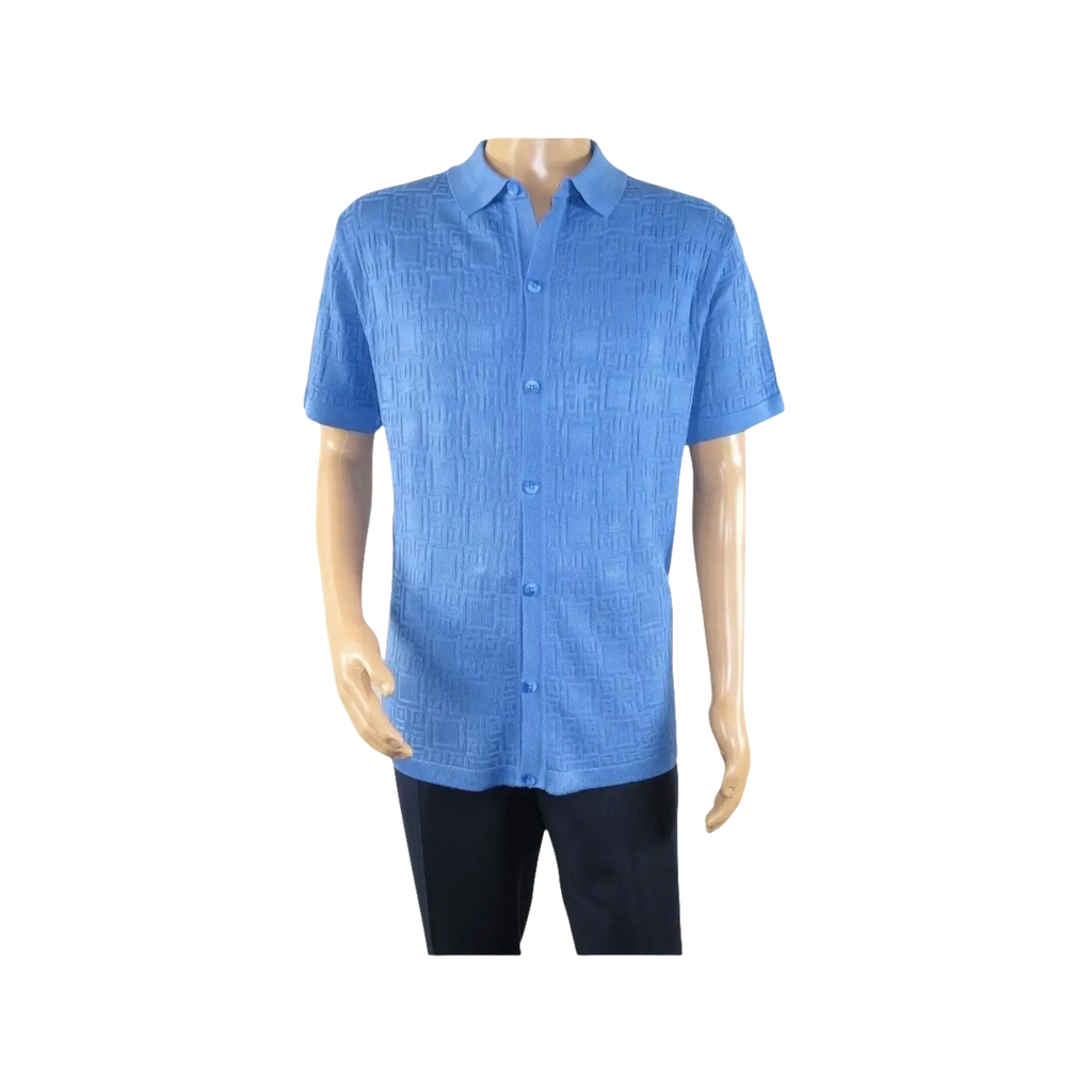 Mens Stacy Adams Italian Style Knit Woven Shirt Short Sleeves 3128 Denim Blue - J.Valintin Men's Wear Legend - 94900