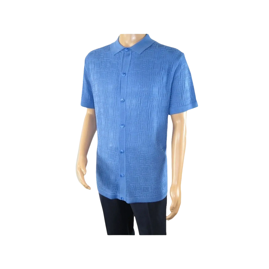 Mens Stacy Adams Italian Style Knit Woven Shirt Short Sleeves 3128 Denim Blue - J.Valintin Men's Wear Legend - 94900