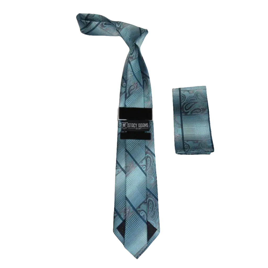 Men's Stacy Adams Necktie and Hankie Set Fancy Design Silky Look SAT27 Teal - J.Valintin Men's Wear Legend - sat27